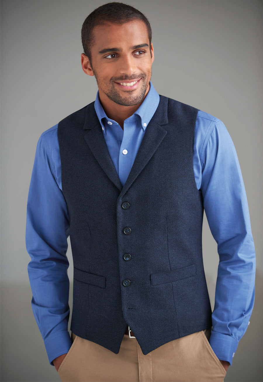 Brook Taverner Memphis Tweed Waistcoat for Men - Navy Herringbone Pattern, Slim Fit Formal Vest - Perfect for Weddings, Business Meetings & Smart Casual Outfits