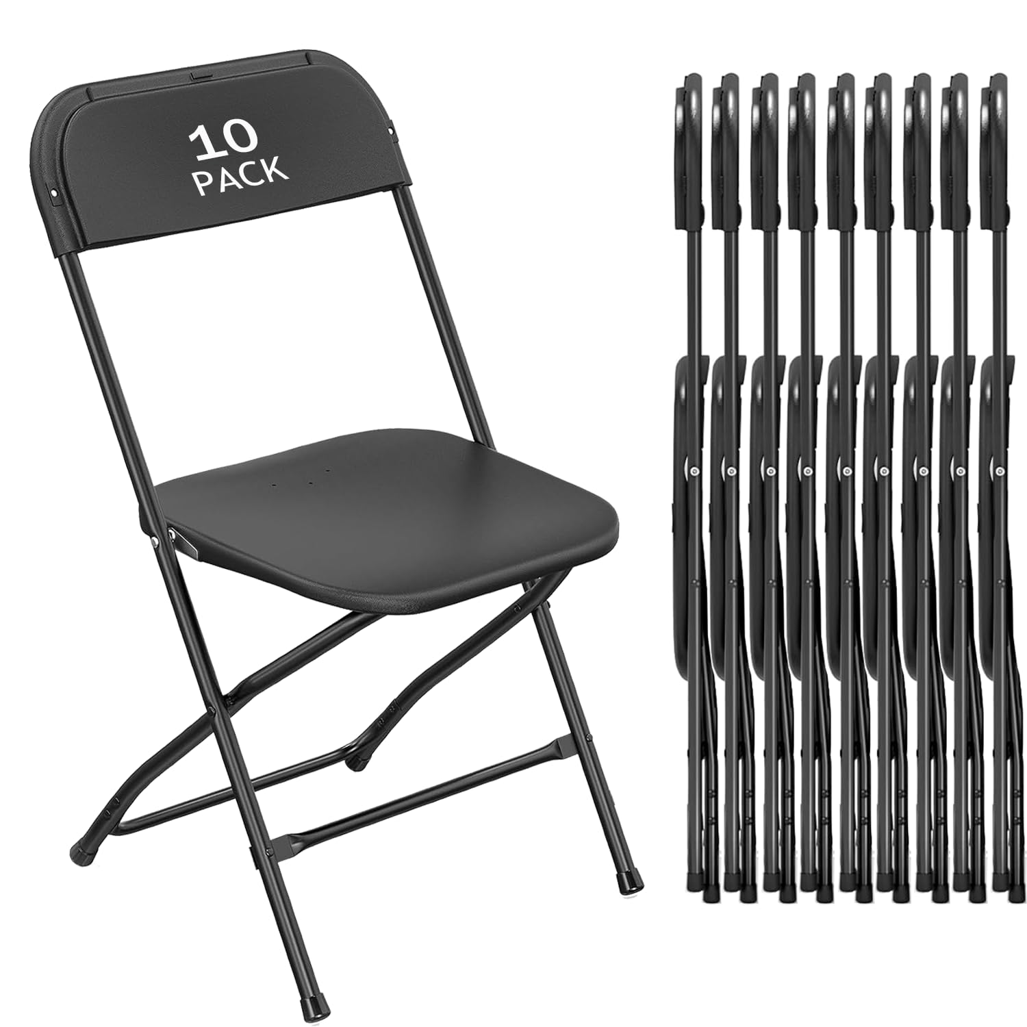 10 Pack Black Plastic Folding Chairs - Heavy Duty 350lb Capacity, Steel Frame Indoor Outdoor Commercial Use for Office, Wedding, Party, Events - Perfect for Banquets, Picnics, and Backyard Gatherings