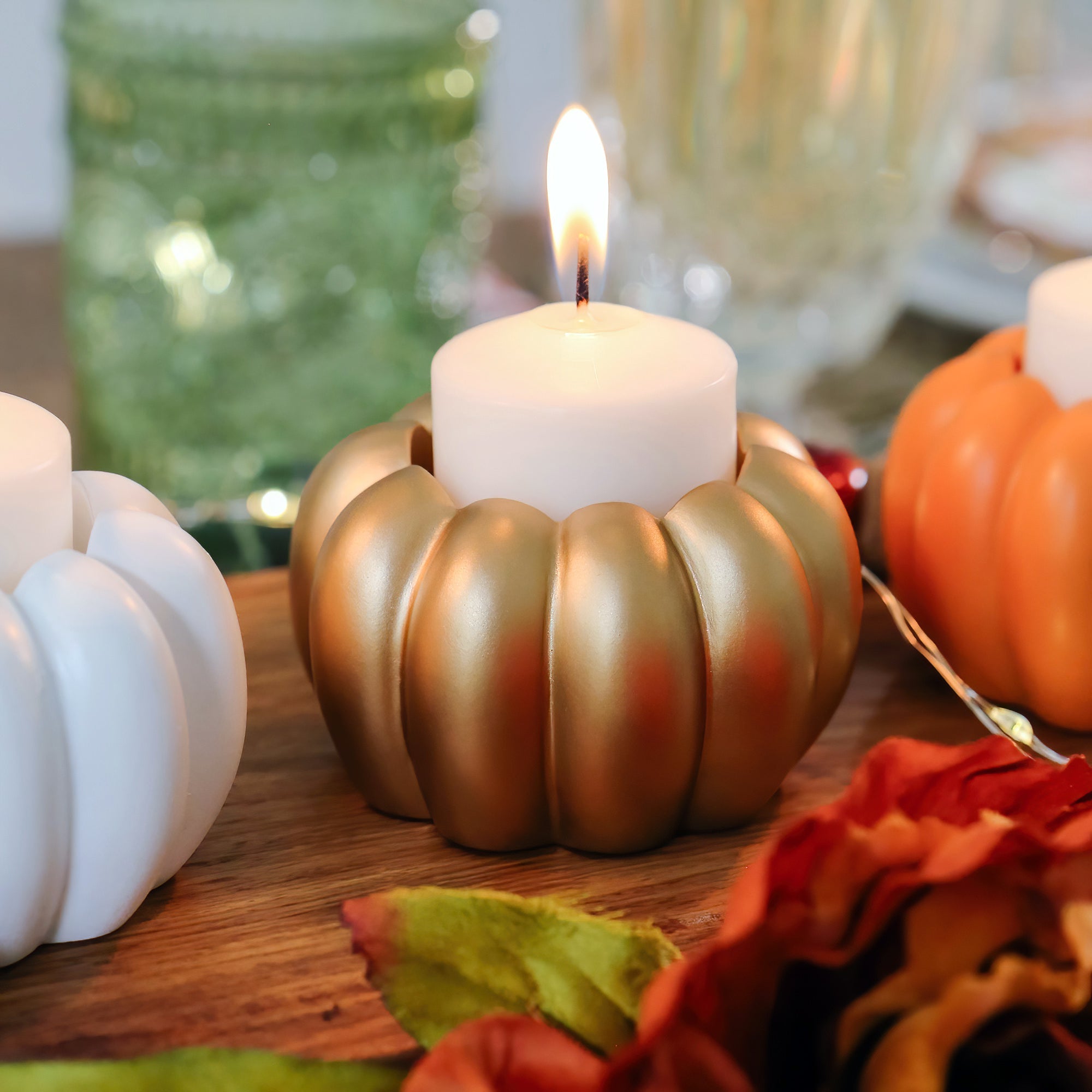 2 in 1 Pumpkin Tealight and Candlestick Holder Set of 6 - Gold Halloween Thanksgiving Fall Home Decor for Table Centerpiece, Mantel, and Party Decorations