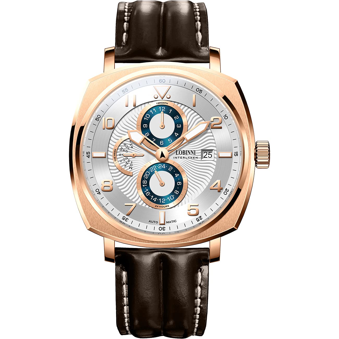 LOBINNI Men's Automatic Luxury Watch - Self-Winding Mechanical Wristwatch with Sapphire Crystal, Leather Strap & Square Case - Week, Month, Date & 24-Hour Display - Perfect for Business, Formal Events & Everyday Wear