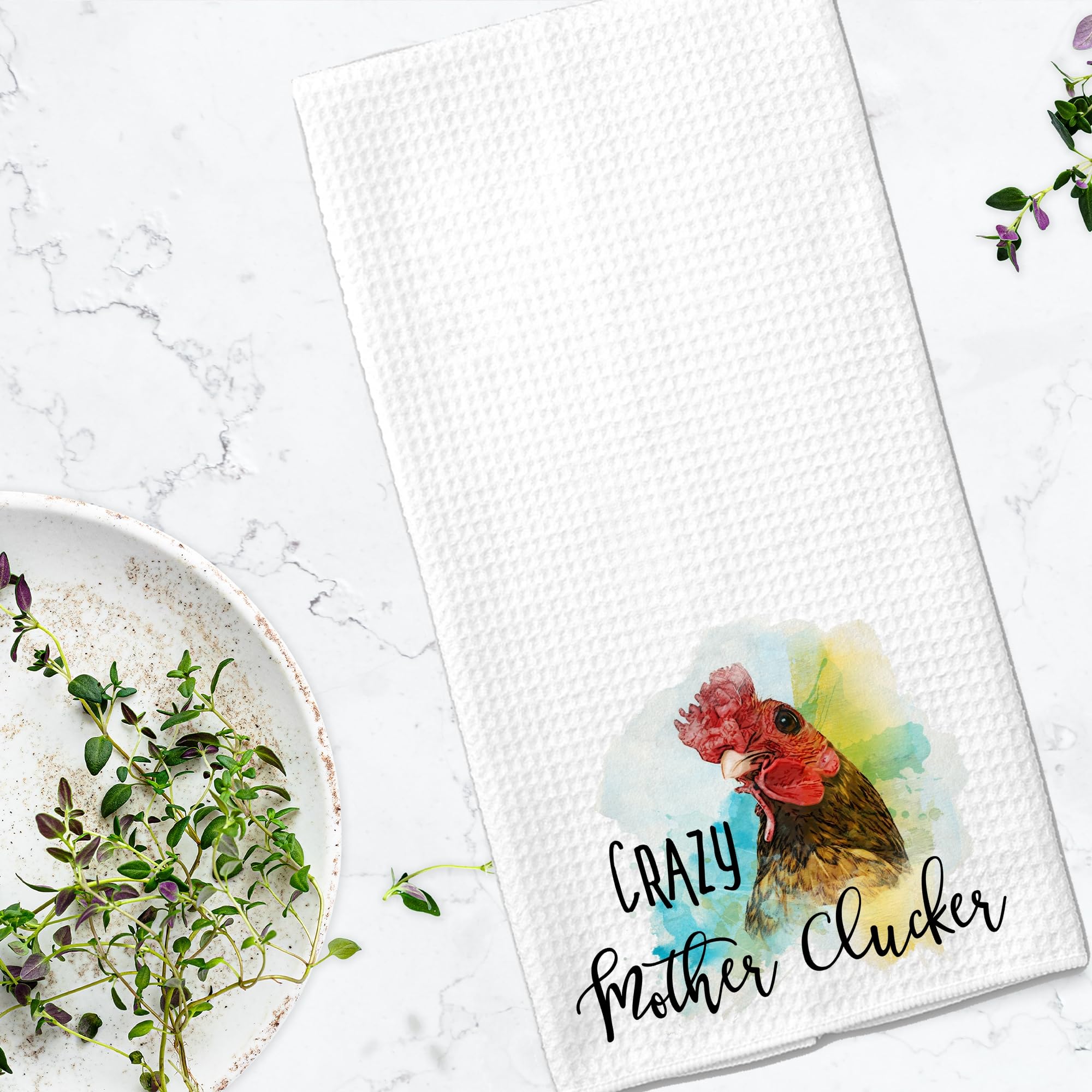 Funny Crazy Mother Clucker Rooster Chicken Design Farmhouse Kitchen Towel - Microfiber Waffle Weave Dish Towels for Drying Dishes - Perfect Farm Rustic Gift for Friends & Country Home Decor