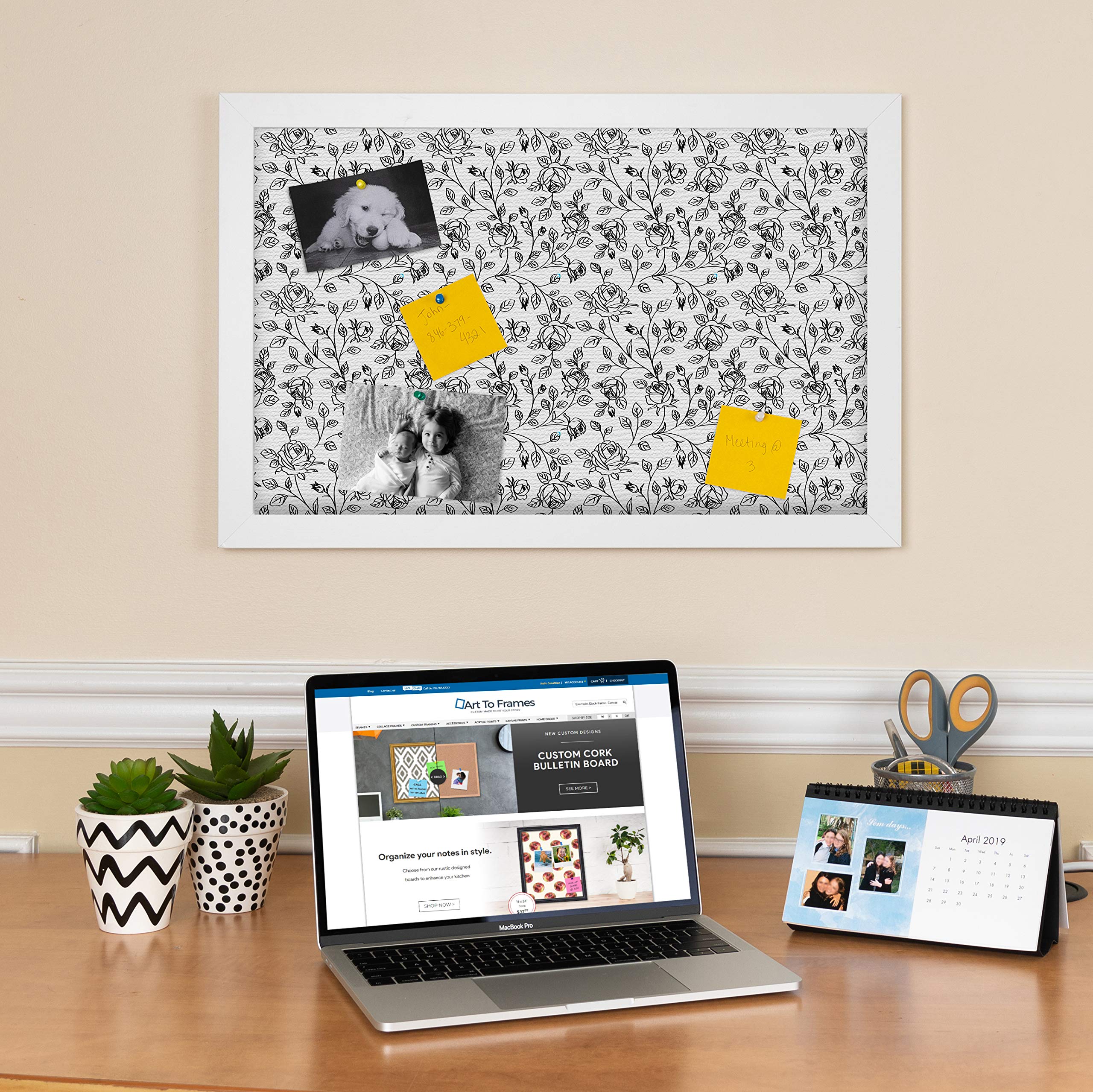ArtToFrames 36x24 Inch Floral Black Roses Cork Bulletin Board - 2x3 Feet Custom Fabric Canvas Pin Board with Satin White Frame | Perfect for Home Office, Dorm Room & Classroom Organization (PinPix-165-36x24_FRBW26074)