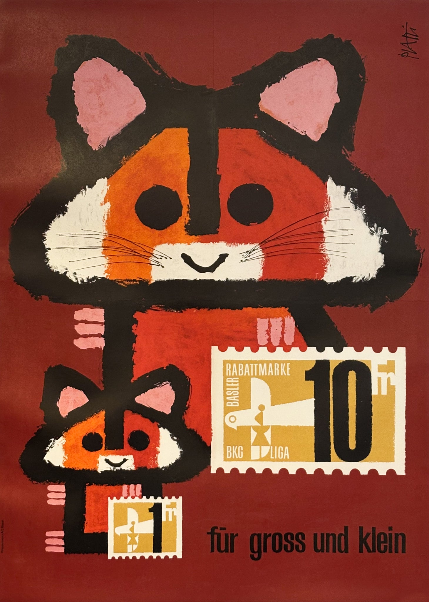 1964 Vintage Swiss Postal Service Poster - Basler Rabattmarke by Piatti (Cat and Kitten) - Linen Backed Wall Art - Perfect for Home Decor, Office & Gift