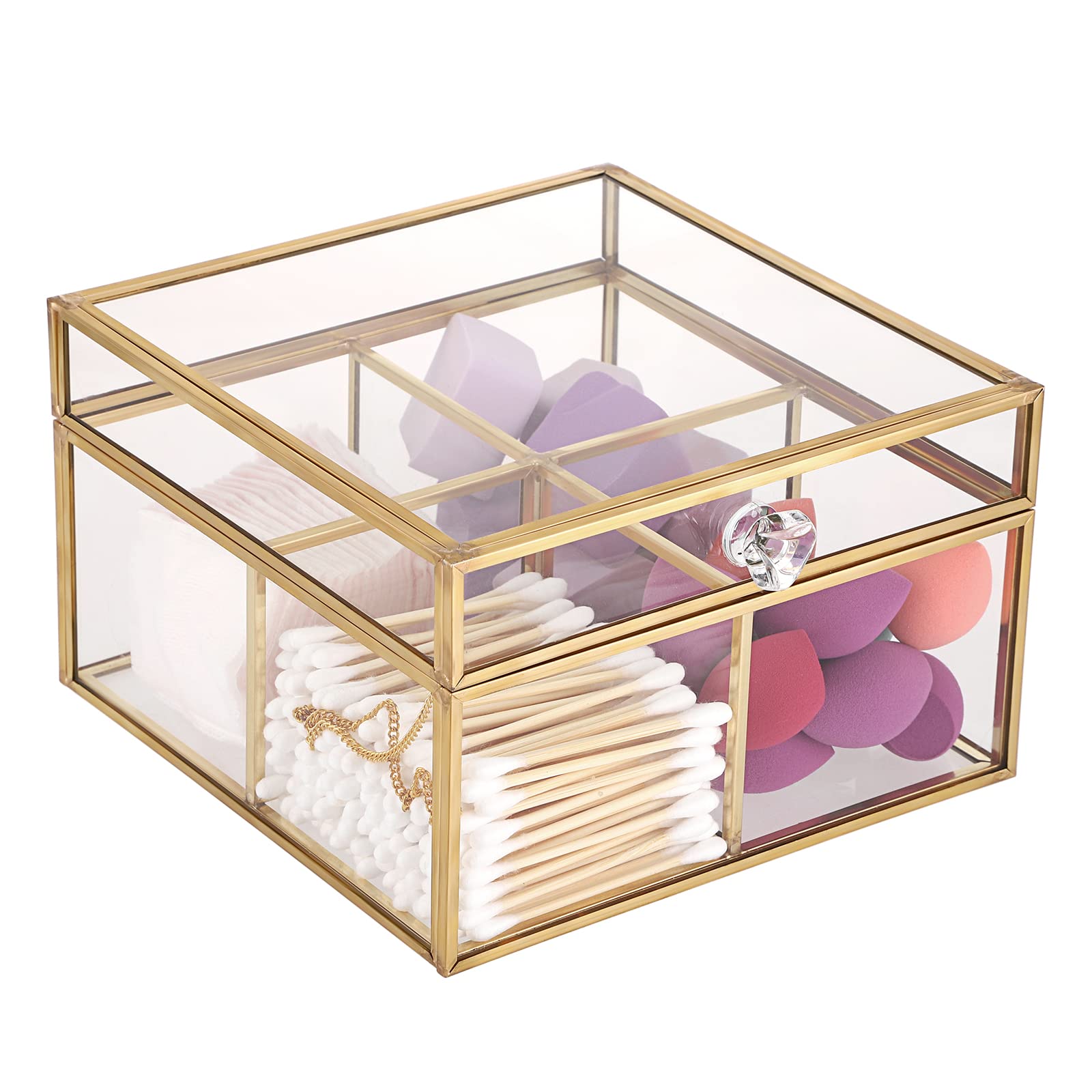 ELLDOO Gold Glass Tea Bags Storage Box with Lid - 4 Compartment Jewelry Organizer for Makeup Sponges, Sugar Packets, Rings & Earrings - Elegant Countertop Display for Bathroom Vanity or Dressing Table