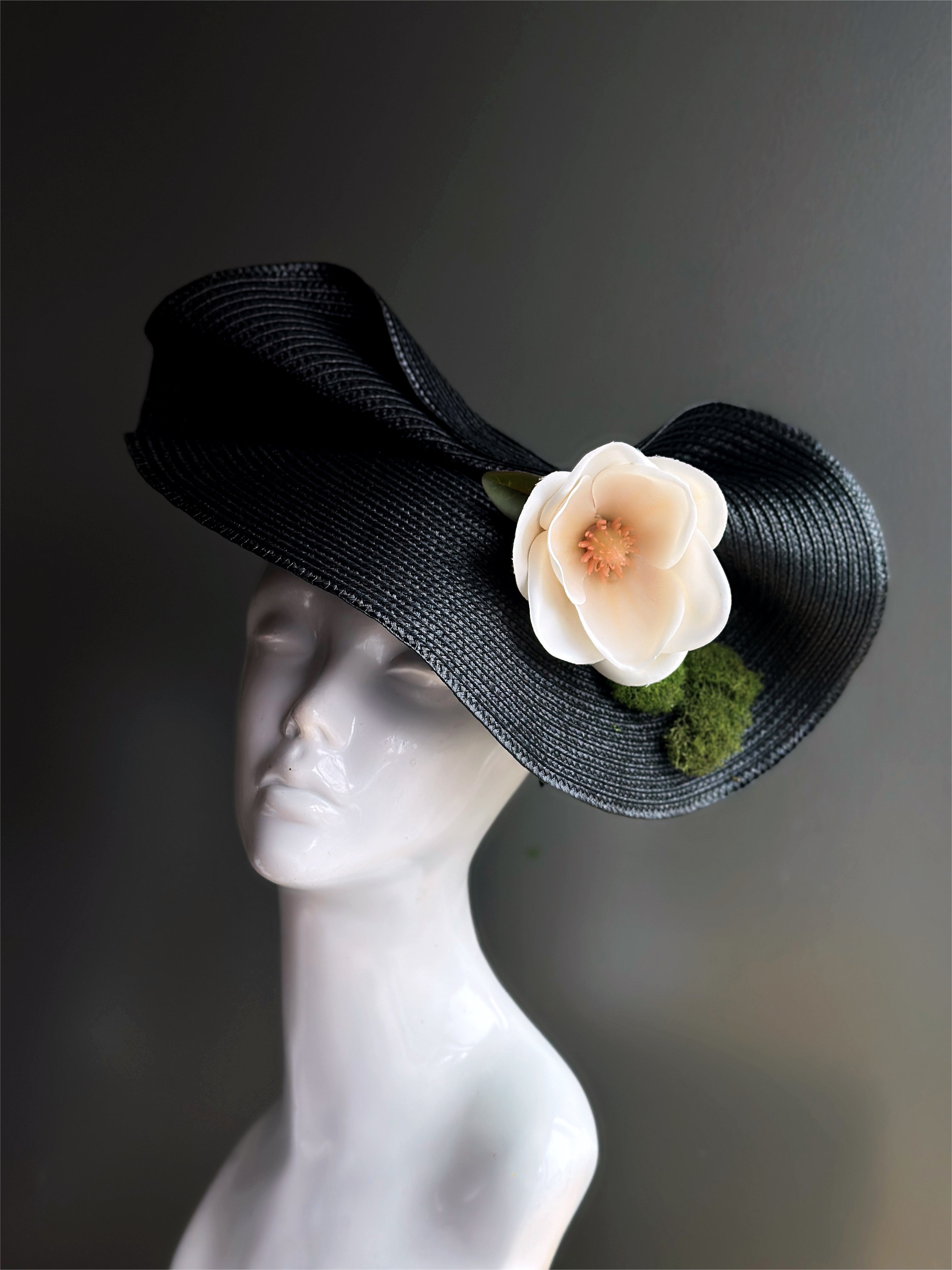 Stylish Black Straw Hat with Magnolia & Moss Design - Perfect for Beach Vacations, Summer Outings, and Outdoor Adventures