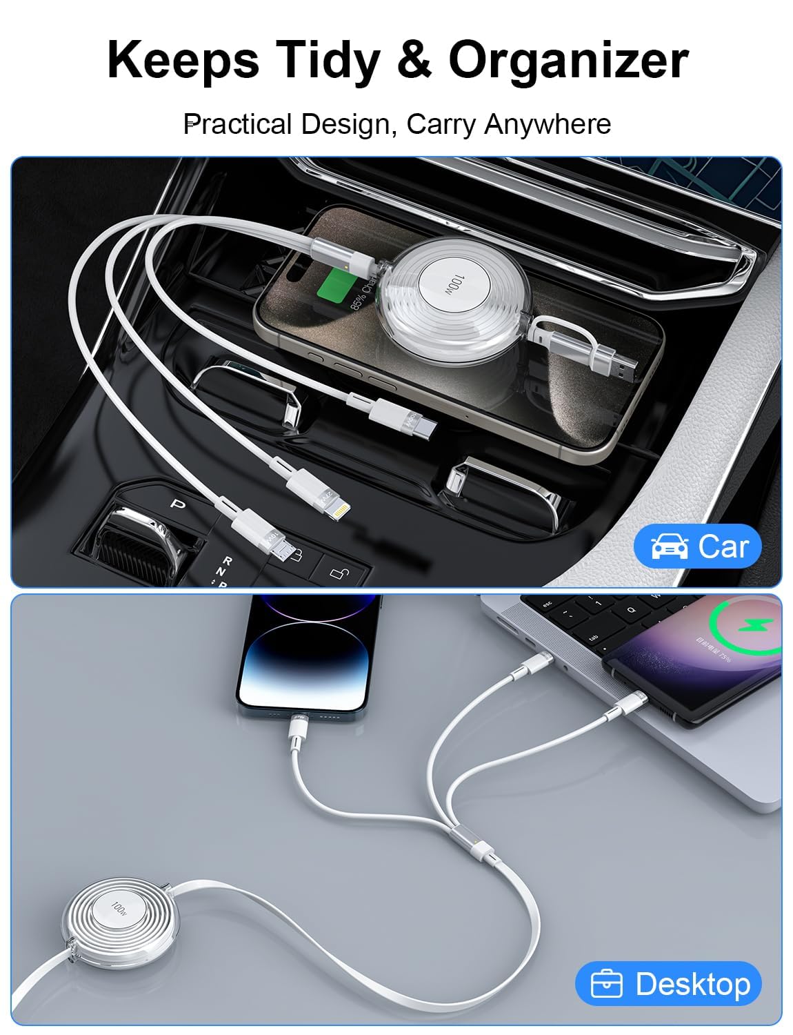 3-in-1 Retractable Charging Cable 100W Fast Charge - USB-C to Lightning/Type-C/Micro - Compatible with iPhone 15, Samsung Galaxy, MacBook, iPad Pro - Portable Travel Charger for Home, Office & Car Use