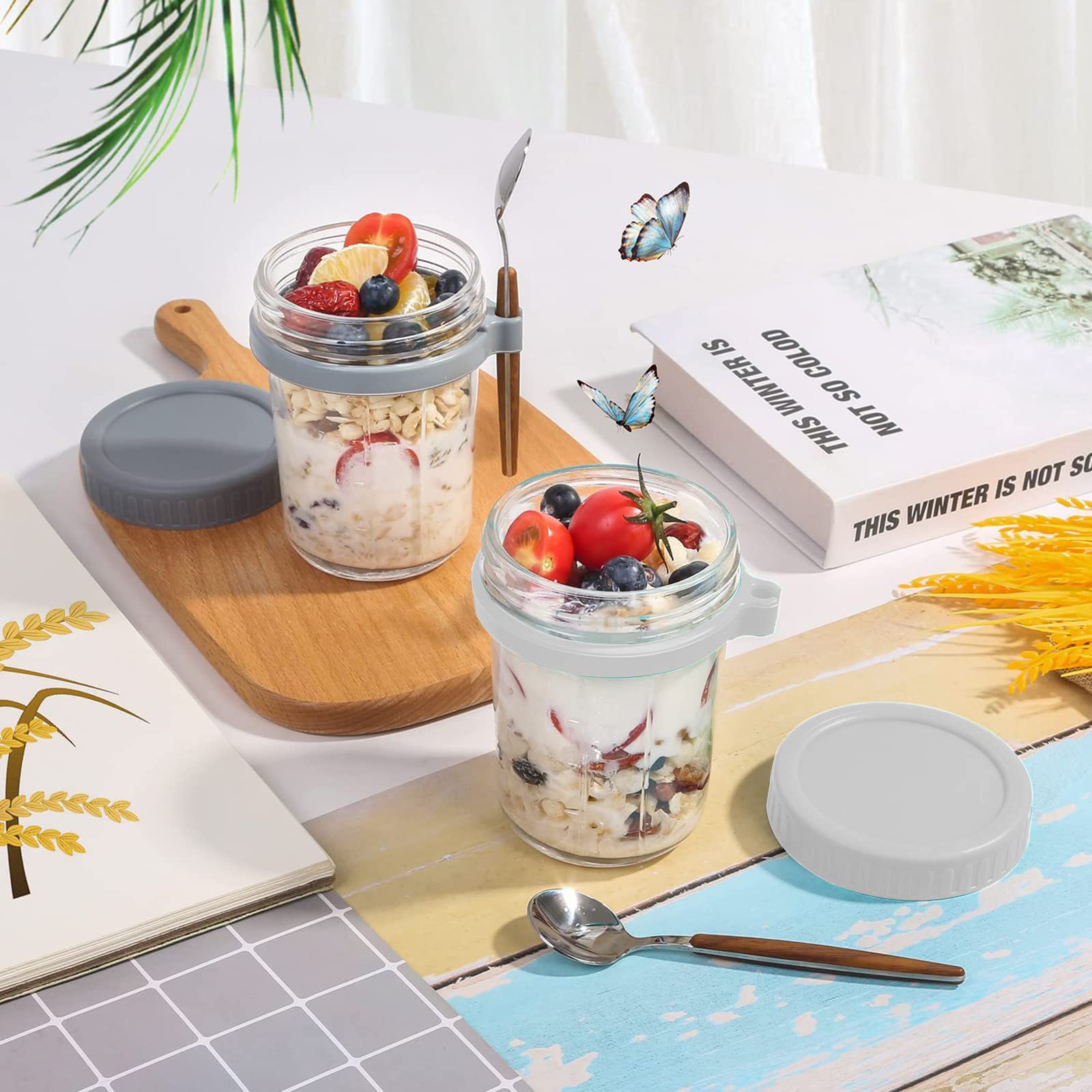 EthCat 4 Pack 12oz Overnight Oats Jars with Lids & Spoons - Reusable Mason Jars for Oats, Yogurt, Milk, Cereal & Fruit - Perfect for Meal Prep, Breakfast, Office & Gym