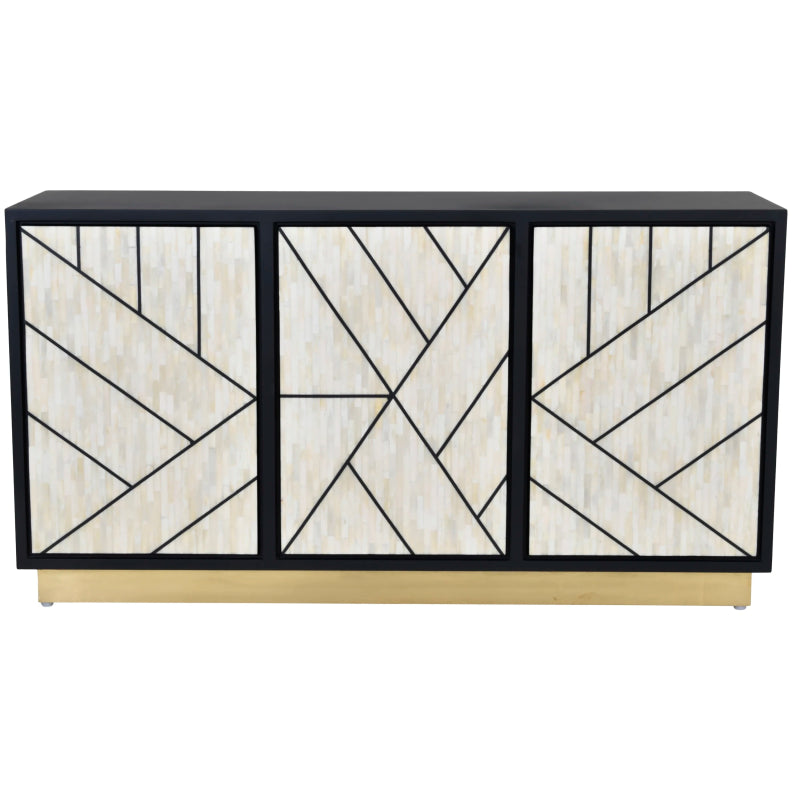 Handmade Black and White Bone Inlay Three Door Sideboard - Vintage Boho Chic Cabinet for Living Room, Dining Room & Entryway Storage