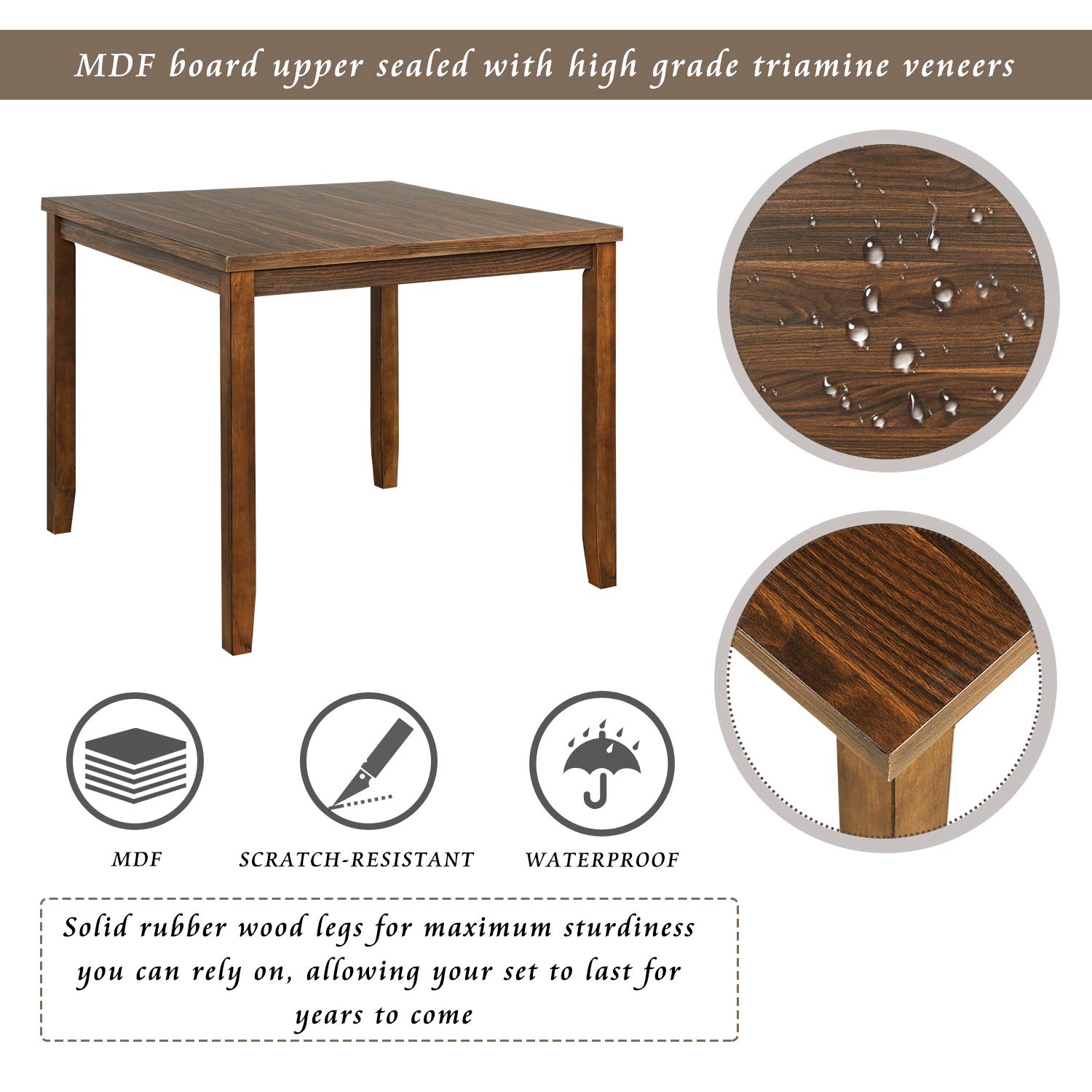5-Piece Retro Industrial Wood Dining Table Set with 4 Upholstered Chairs - Walnut Finish & Cushion Seating - Perfect for Kitchen, Dining Room & Small Space Gatherings