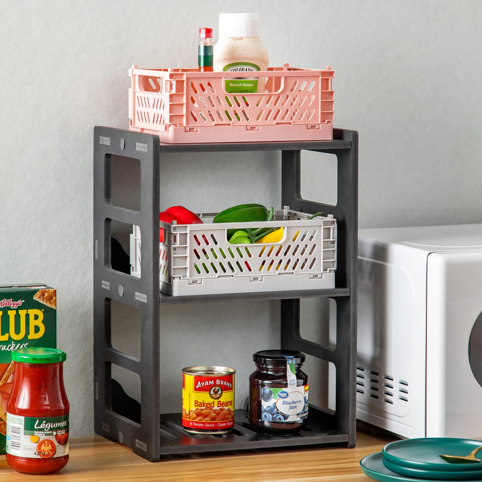 Black Kitchen Countertop Organizer Shelf - Space Saving Counter Storage Solution for Spices, Utensils & Small Appliances - Perfect for Small Kitchens, Pantries & Countertop Organization