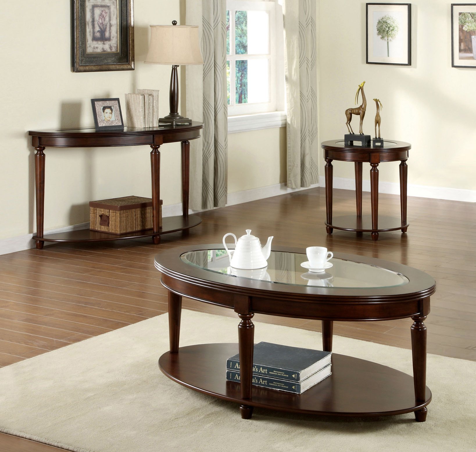 Furniture of America Claire Traditional Oval Coffee Table with Tempered Glass Top & Storage Shelf - Dark Cherry Finish for Living Room, Lounge, or Office