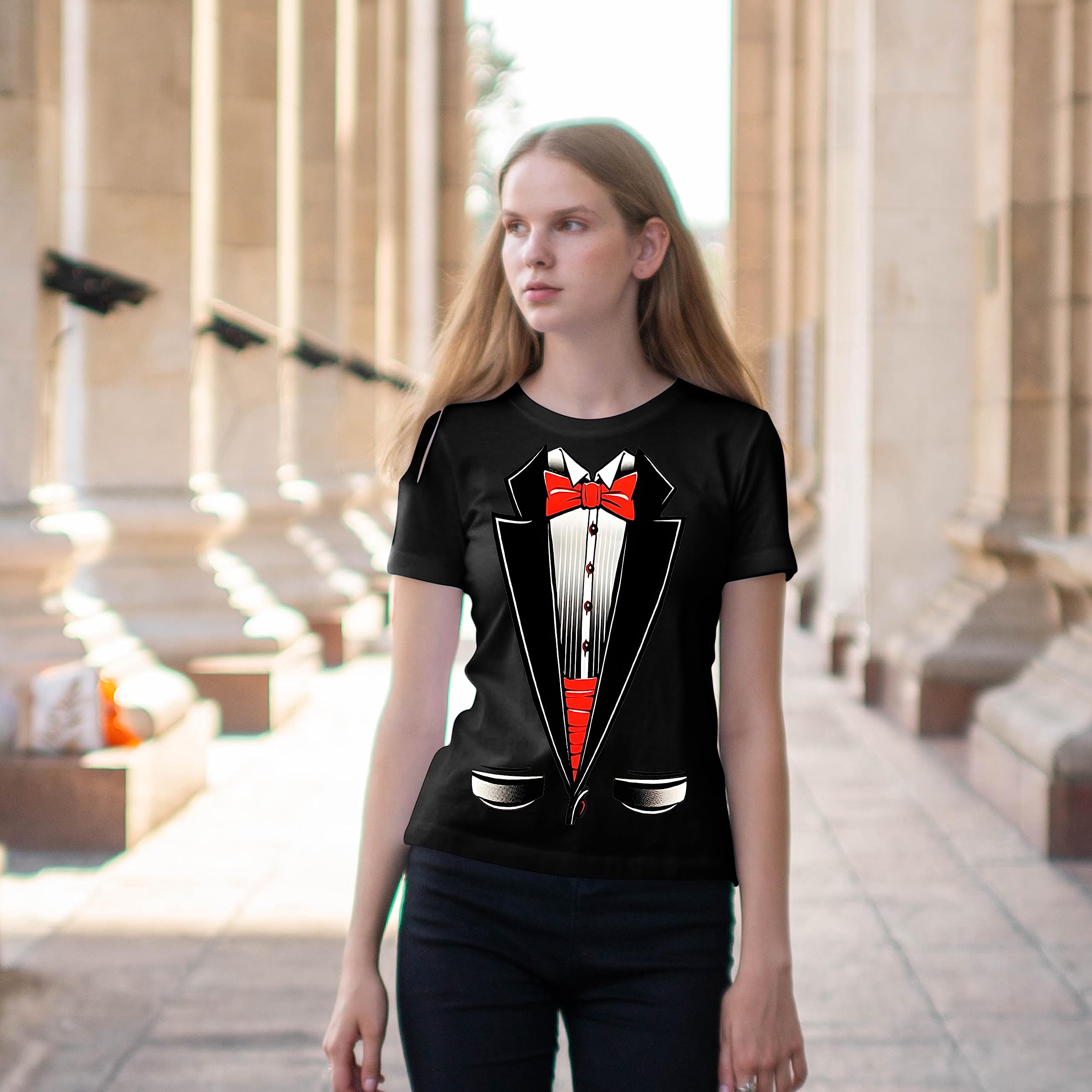 Fresh Tees Unisex Tuxedo Shirt with Red Bowtie - Funny Formal T-Shirt for Women & Men | Perfect for Costume Parties, Office Pranks and Casual Wear