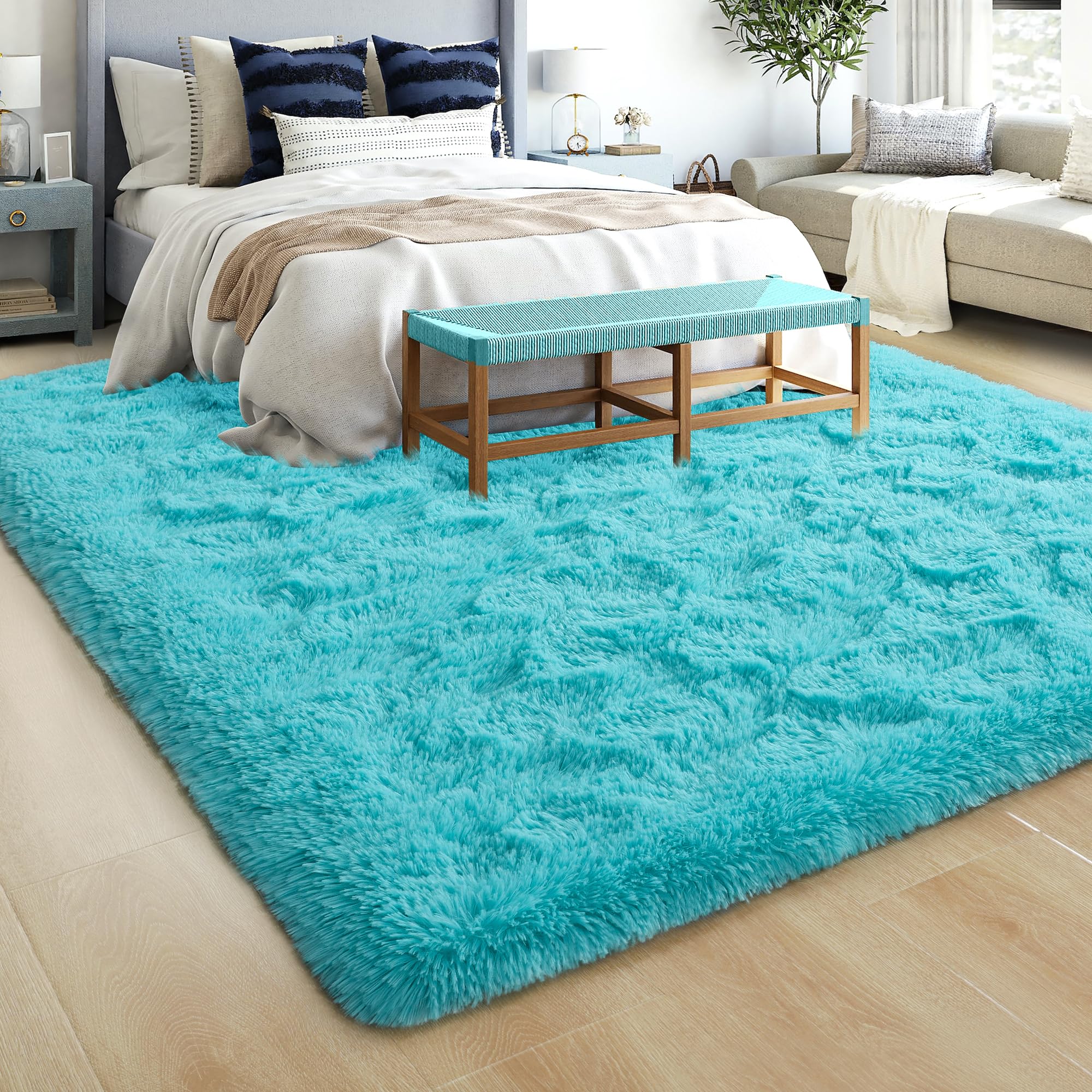 Stylish Teal Blue 5x8 Fluffy Shag Area Rug - Soft Plush Living Room Carpet, Large Fuzzy Bedroom Rug, Cozy Dorm Decor, Kids Room Floor Mat for Home Aesthetic | Perfect for Living Spaces, Bedrooms & Nursery Decor