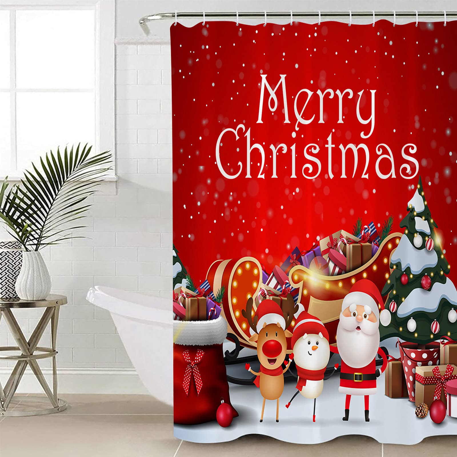4-Piece Christmas Shower Curtain Set with Santa Claus Snowman Elk Design - Non-Slip Bath Mat, Toilet Cover & Rugs for Winter Bathroom Decor | Perfect for Holiday Home Decor & Gift Giving