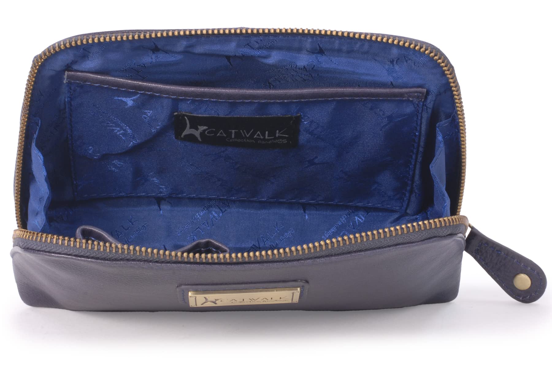 Catwalk Collection Women's Leather Makeup Bag - Medium Travel Cosmetic Pouch for Toiletries & Beauty Essentials - Emma Blue Makeup Case - Perfect for Travel, Gym & Everyday Use