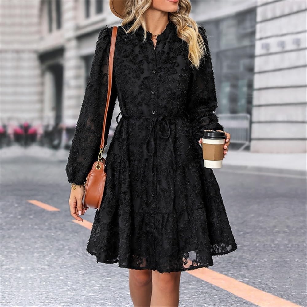 Floral Print Lace Long Sleeve Button Tunic Dress for Women - Elegant Tie Waist Maxi Dress for Office, Party & Special Occasions