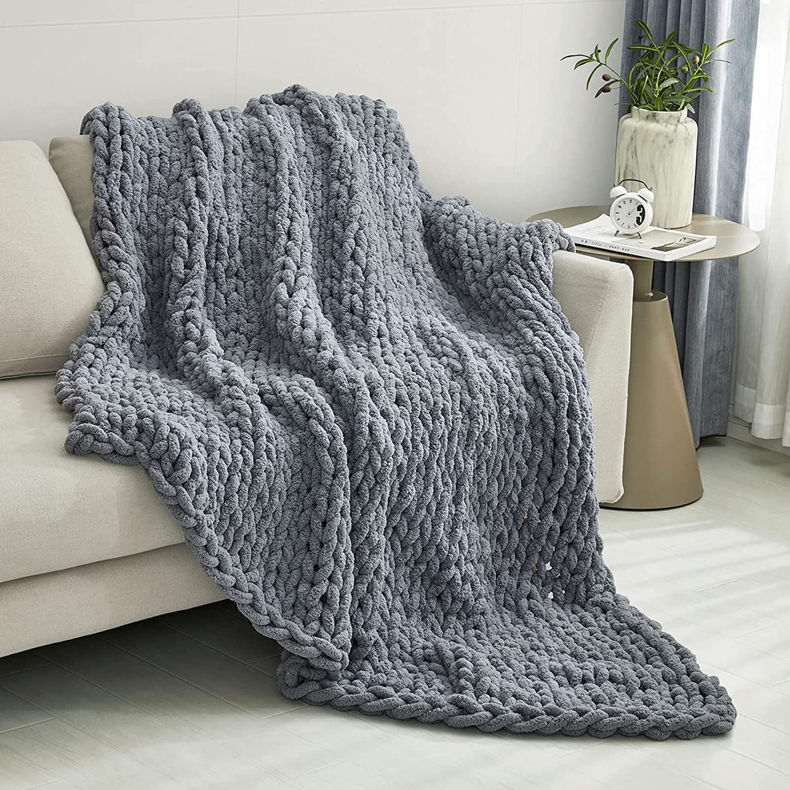 XYXH Super Chunky Knit Blanket - Ultra Soft Chenille Weighted Throw for Sofa, Bed & Couch (Dark Grey 50x60 inches) - Perfect for Cozy Evenings, Winter Warmth & Home Decor