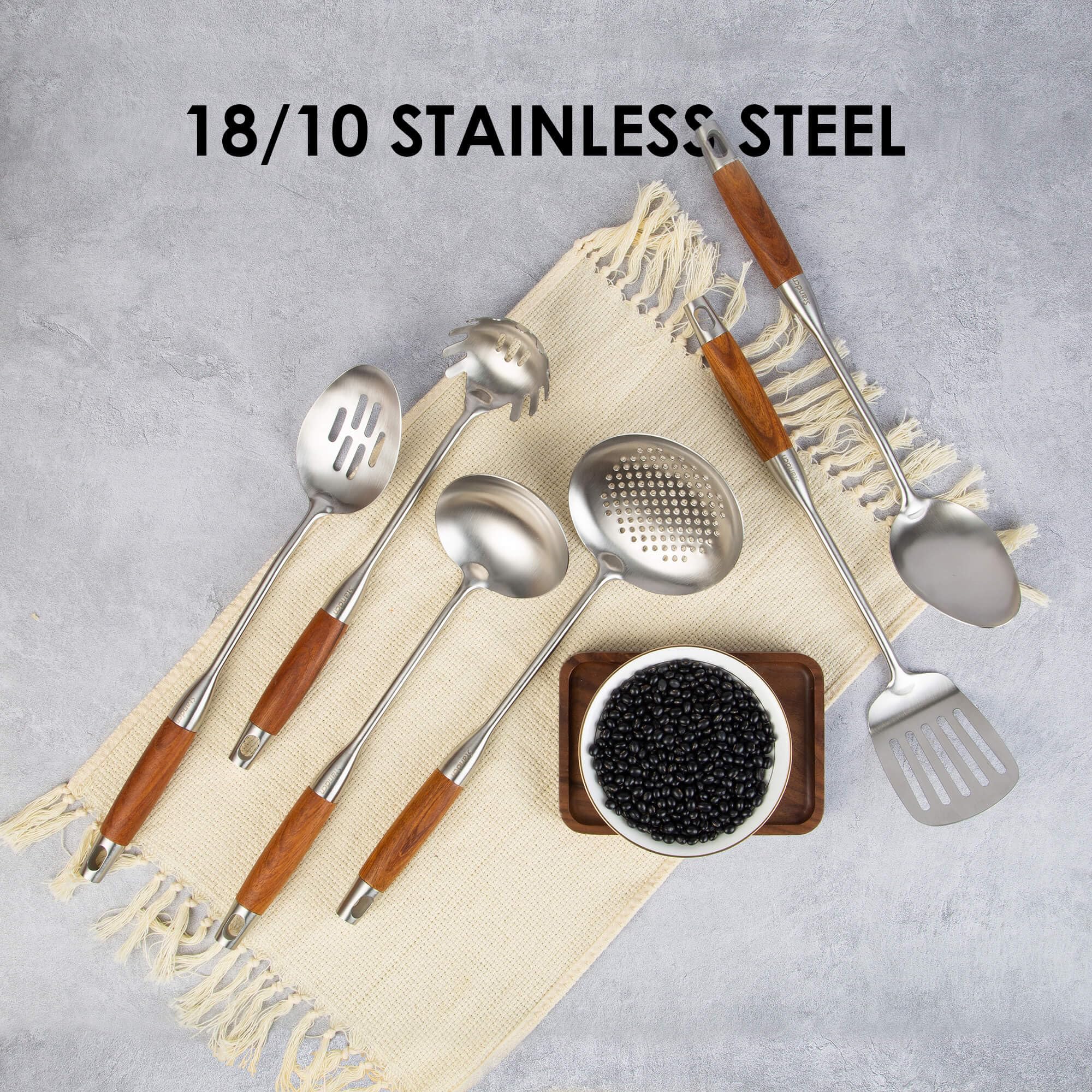 Premium 18/10 Stainless Steel Kitchen Utensils Set with Wooden Handle - 6-Piece Cooking Tools (15