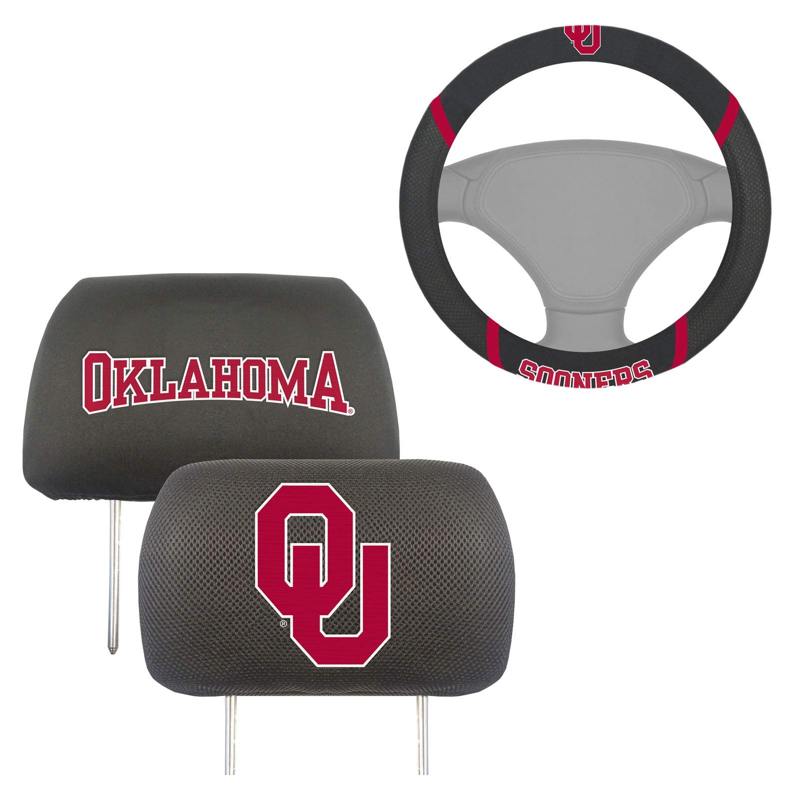 Official AAC FanMats NCAA Oklahoma Sooners Car Accessories Bundle - 3-Piece Set with Headrest Covers & Steering Wheel Cover | Perfect for Game Day, Tailgating & Showing Team Spirit
