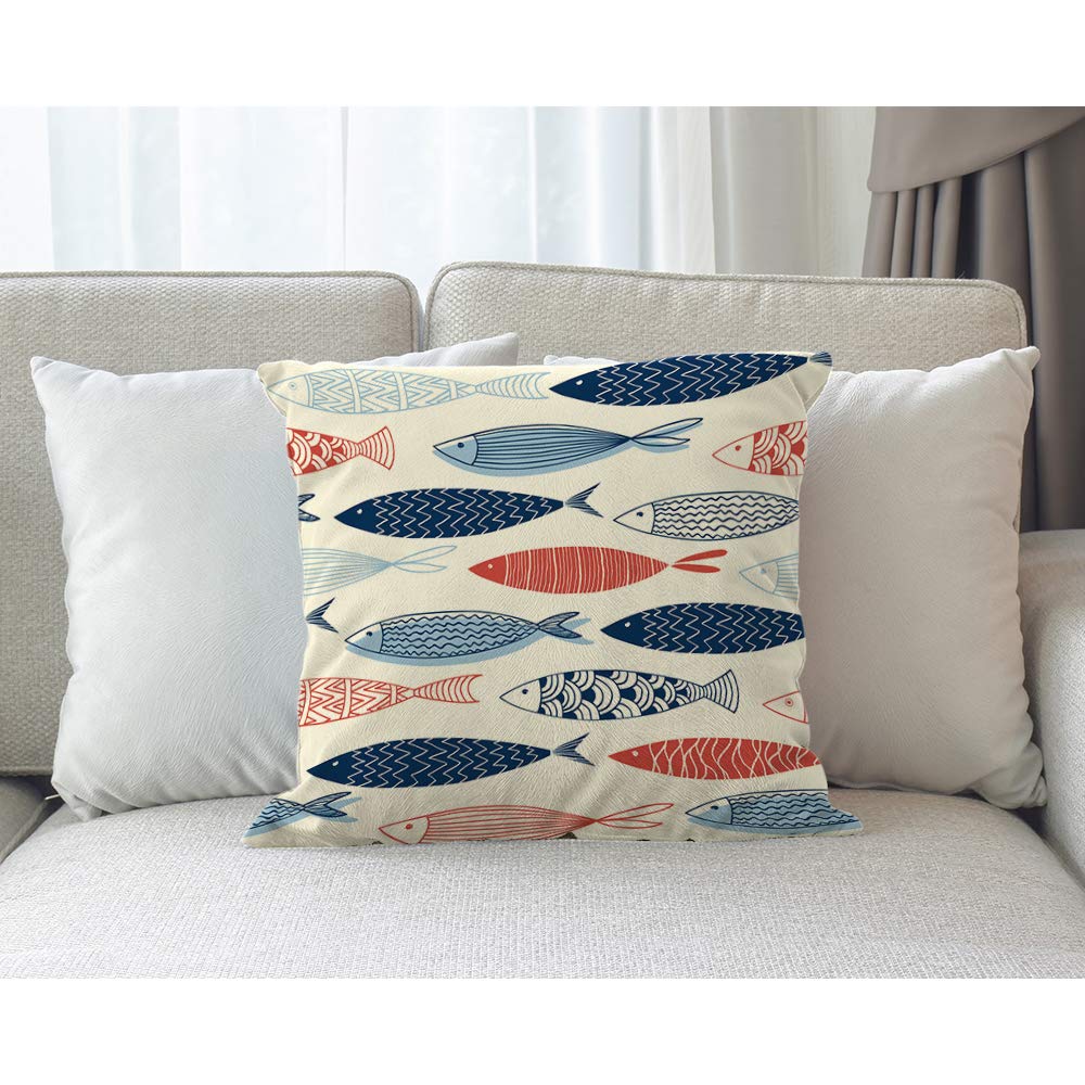 Ocean Fish Decorative Throw Pillow Cover - 18x18 Inch Cotton Linen Square Cushion Case for Sofa, Bed & Home Decor - Blue & Red Design - Perfect for Living Room, Bedroom & Coastal Theme Decor
