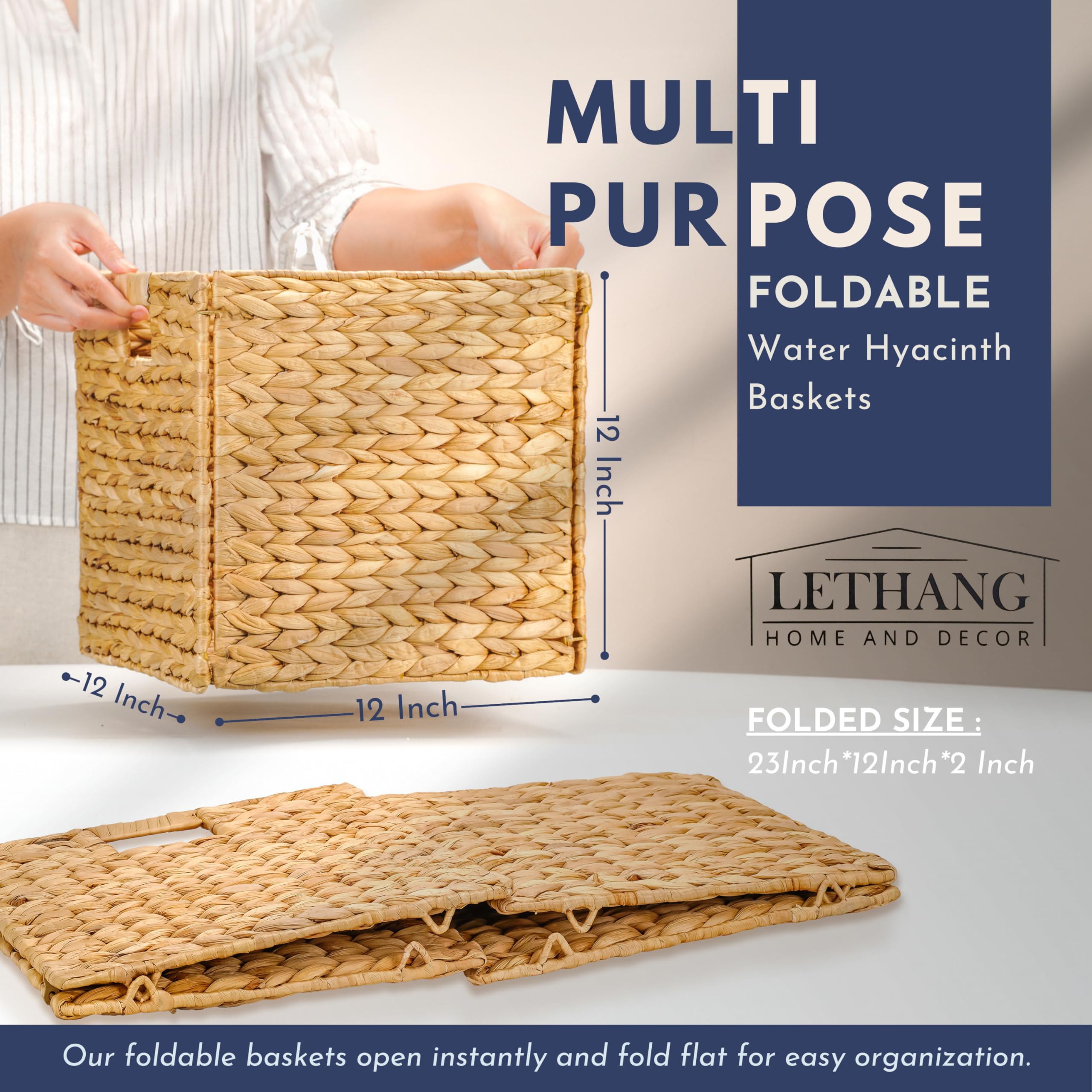 12x12 Foldable Handwoven Water Hyacinth Storage Basket - Natural Wicker Cube Organizer for Shelves, Laundry & Home Decor with Built-In Handles | Perfect for Bedroom Closet, Bathroom Towels & Nursery Organization