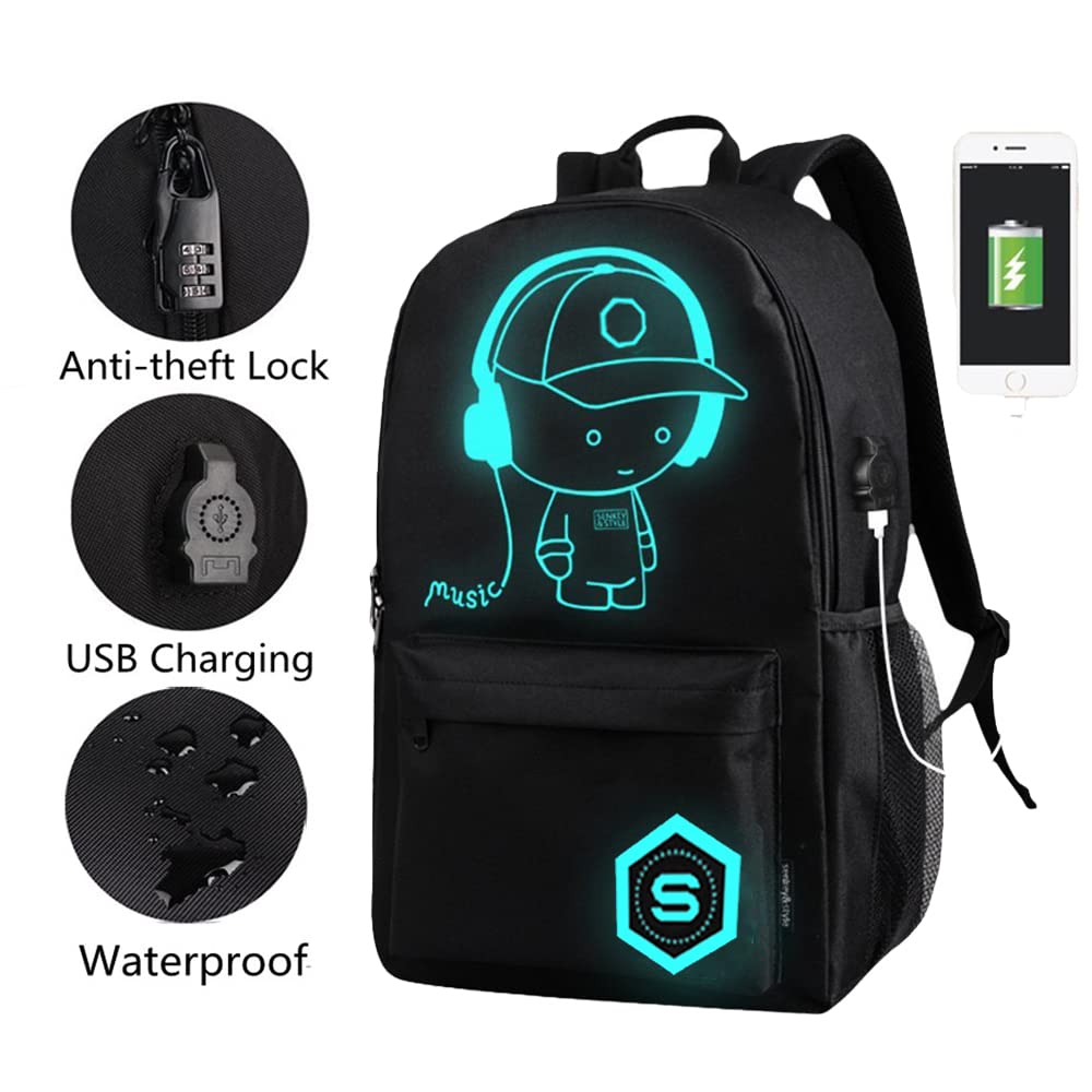 FLYMEI Anime Luminous Backpack with USB Charging Port - 17 Inch Cool School Backpack for Teen Boys & Girls - Durable Laptop Backpack for Men - Black | Perfect for School, College, Travel & Daily Commute