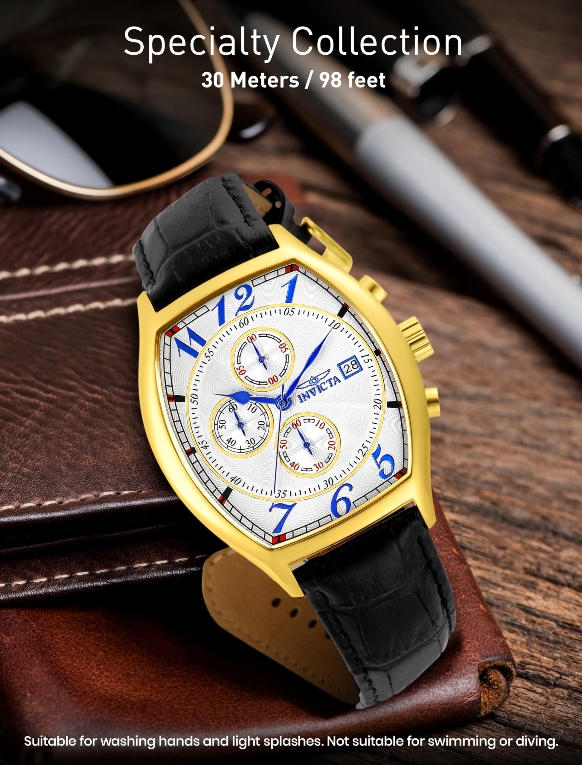 Invicta Men's 14330 Specialty Tonneau Watch with 3 Textured Leather Straps - Luxury Chronograph Timepiece for Business, Casual & Formal Wear