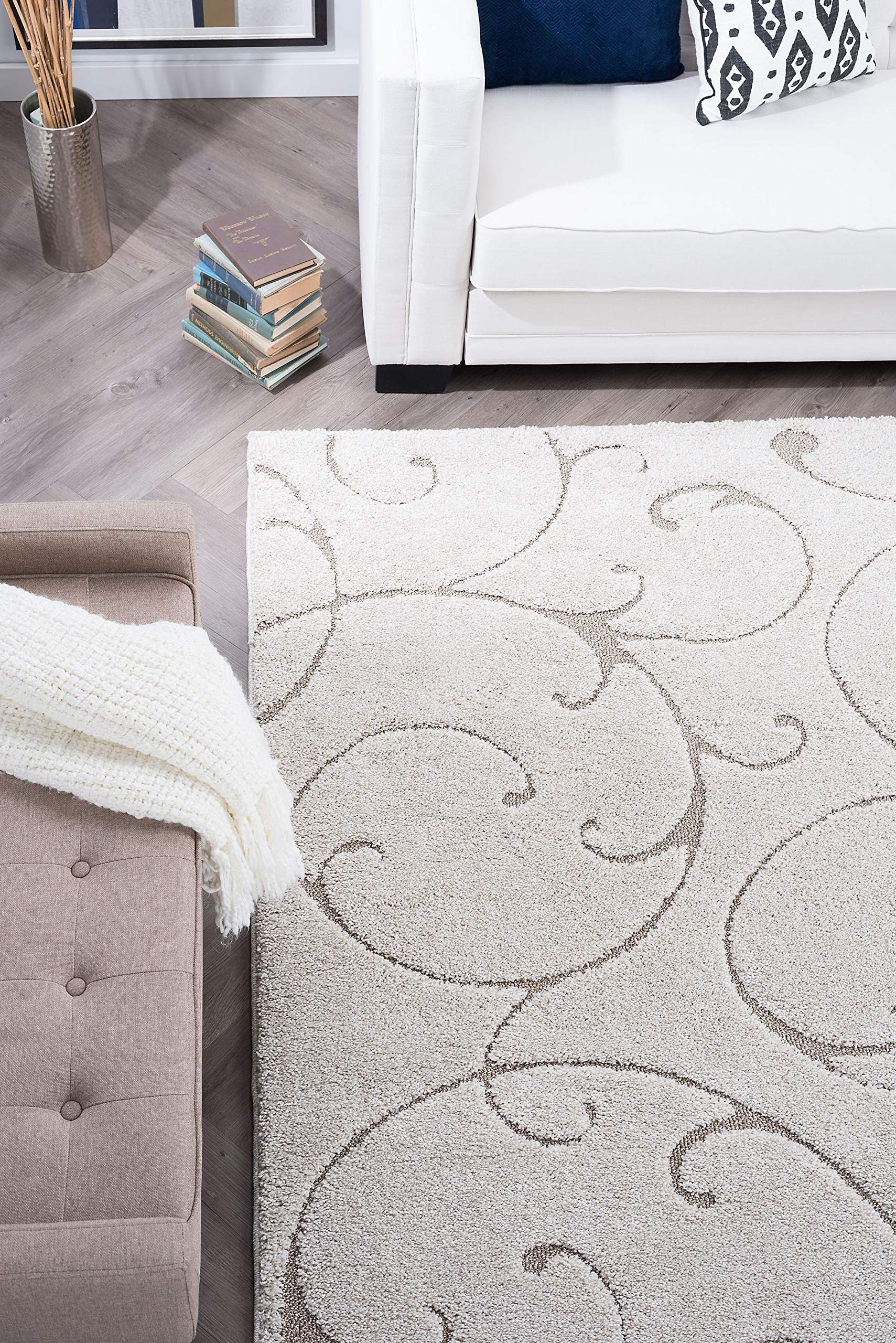 Tayse Scrollwork Cream 7 Foot Shag Square Area Rug - Soft Plush Carpet for Living Room, Bedroom, Dining Room - Home Decor & Cozy Floor Covering | Perfect for Adding Warmth to Modern Spaces