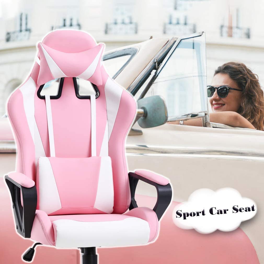 Racing Style Gaming Chair - Ergonomic High Back Office Chair with Adjustable Headrest & Lumbar Support - Pink Leather Computer Desk Chair for Gaming, Work & Home Office Use