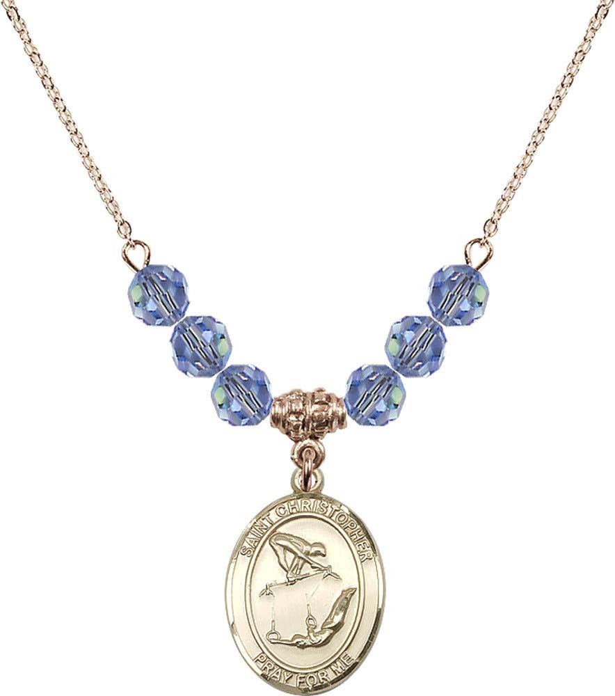 Bonyak 18K Gold Plated Hamilton Necklace with 6mm Light Blue September Birthstone Beads & Saint Christopher Charm - Perfect for Birthdays, Gymnastics Gifts, and Everyday Elegant Jewelry