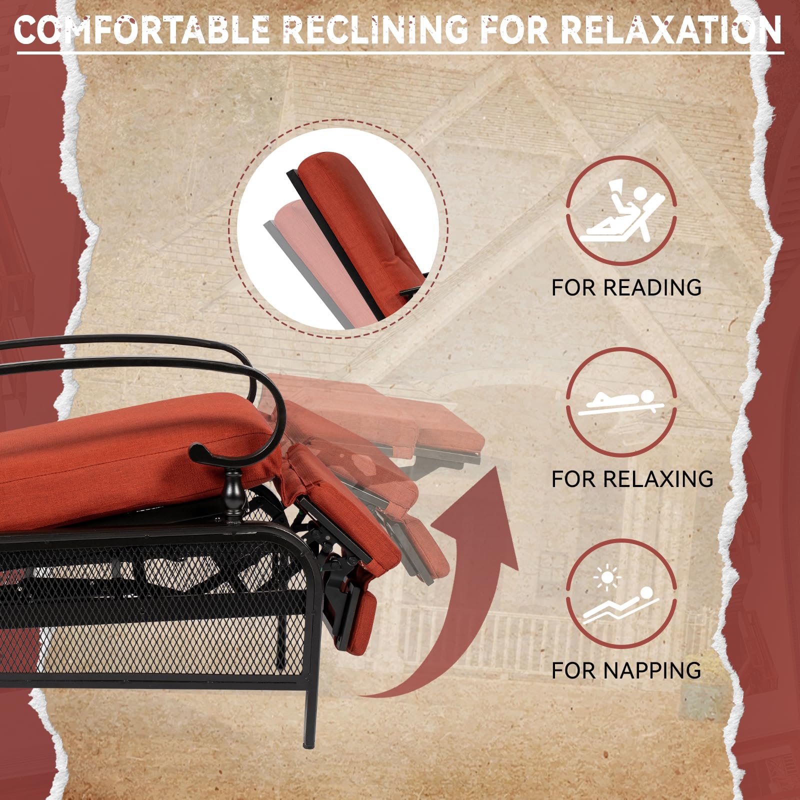 Adjustable Outdoor Lounge Chair - Patio Recliner with Removable Cushions, Durable Metal Frame, Automatic Chaise - Perfect for Poolside, Backyard & Beach Relaxation (Red)
