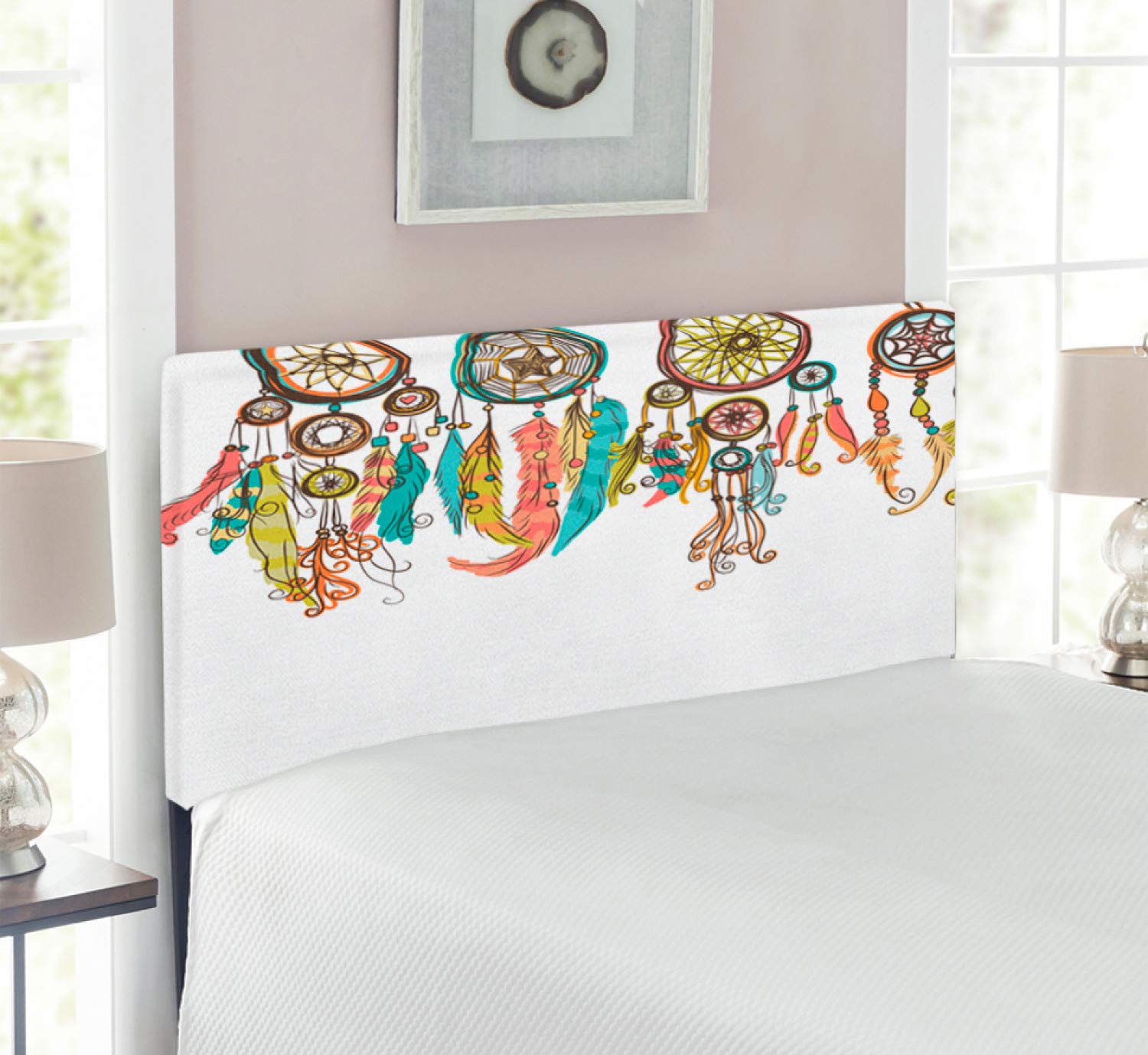 Ambesonne Prehistoric Headboard - Colorful Dreamcatchers Design Upholstered Metal Bed Frame with Memory Foam | Twin Size Multicolor | Perfect for Kids' Rooms, Dorm Decor & Bohemian Bedroom Themes