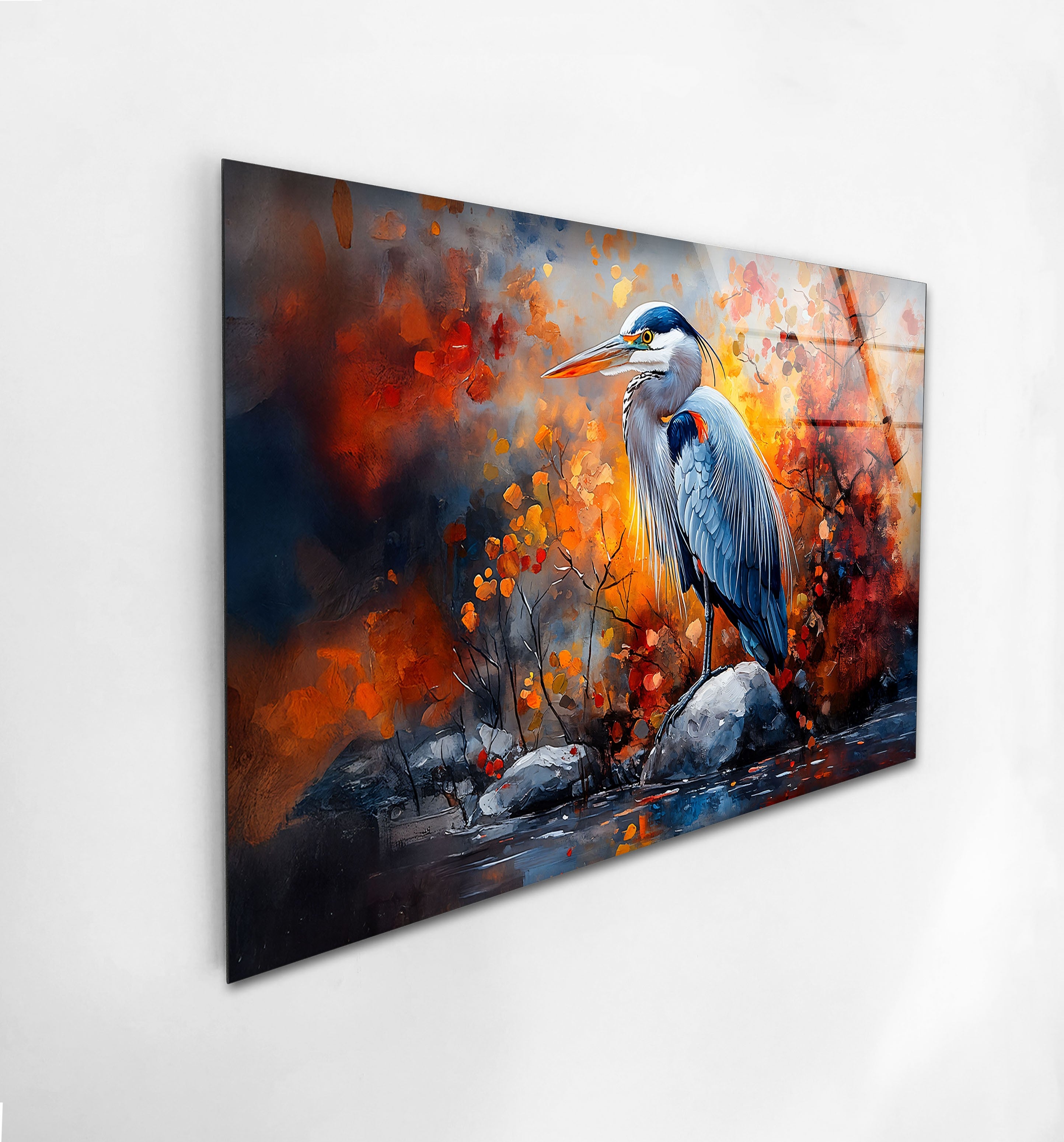 Autumn Majesty - Heron in Fiery Foliage Glass Wall Art Decor | Stunning Nature-Themed Home & Office Decoration | Perfect for Living Room, Bedroom or Gift
