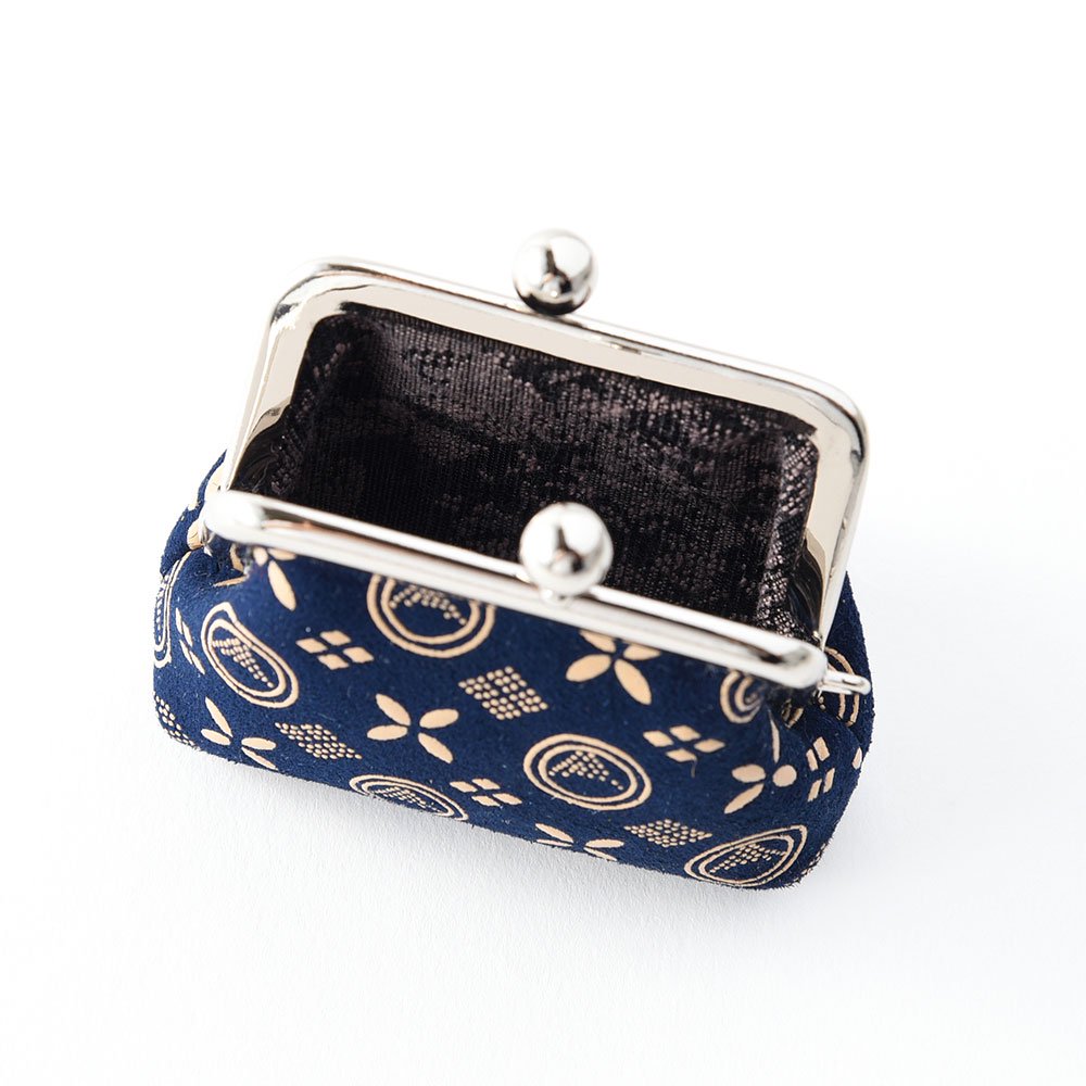 Japanese Deerskin Leather Coin Purse with Urushi Lacquer Clasp - Mt. Fuji Iron Blue Pattern | Handmade in Japan | Traditional Gamaguchi Change Purse for Travel, Gift & Everyday Use