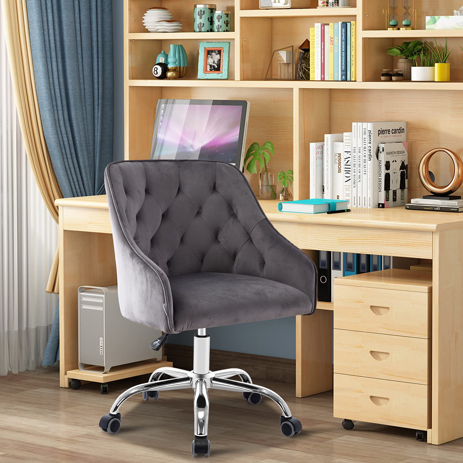 HOMVENT Velvet Home Office Chair - Modern 360° Swivel Adjustable Height Executive Chair with Soft Seat, Linen Upholstery for Living Room, Bedroom & Vanity | Ergonomic Desk Chair for Work, Study & Relaxation (Dark Gray)
