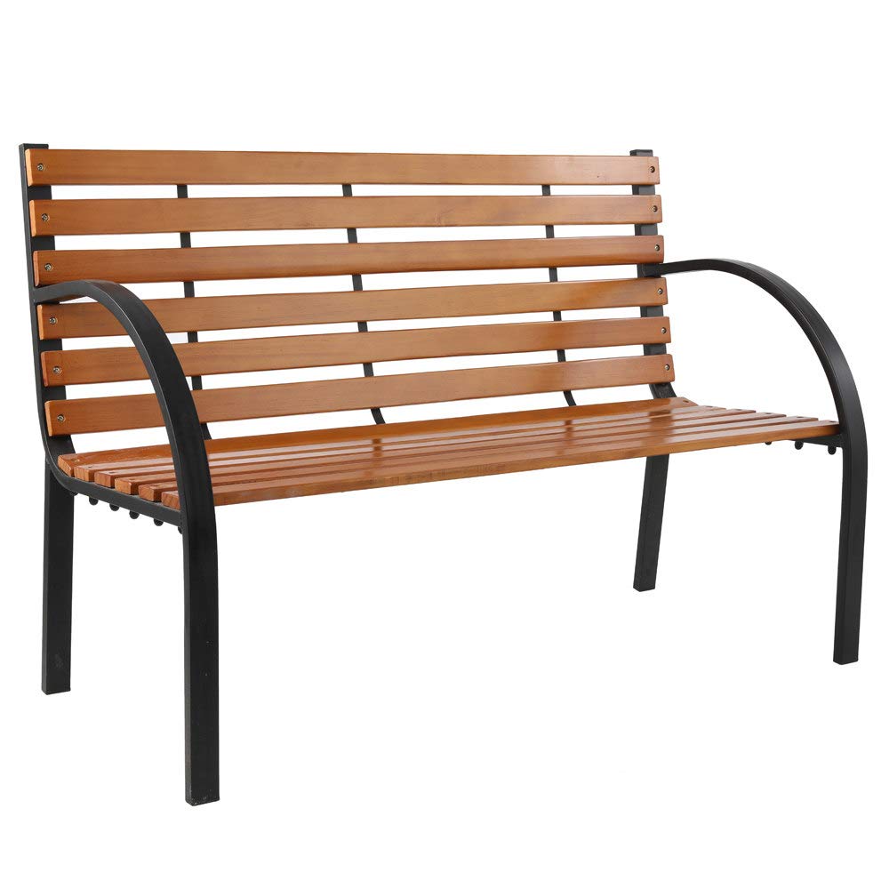 **Metal Garden Bench with Backrest & Armrests - Hardwood Outdoor Patio Love Seat for Porch, Yard, Lawn, Park - Brown - Perfect for Relaxing, Entertaining, and Enhancing Outdoor Spaces**