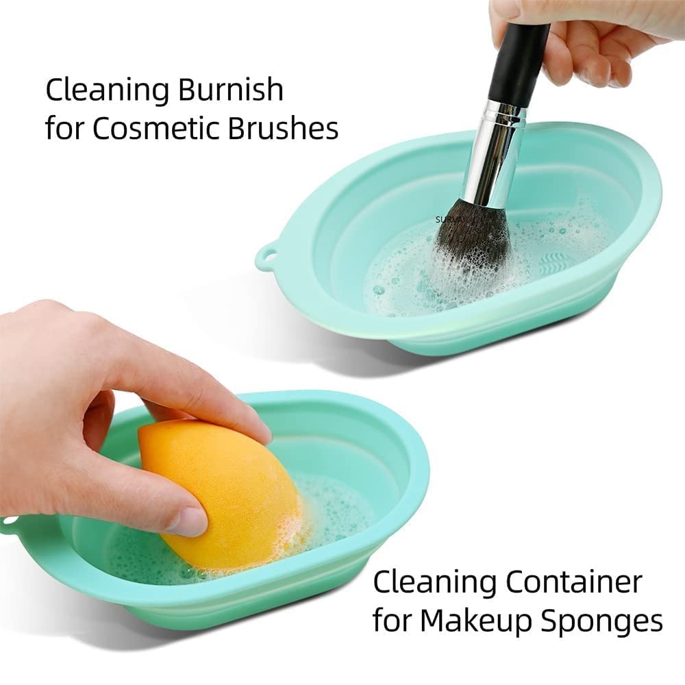 Foldable Silicone Makeup Brush Cleaning Bowl & Pad Set - 2 Pcs Multicolor Cosmetic Brush Cleaner Mat Tool Scrubber for Professional & Home Makeup Brush Care