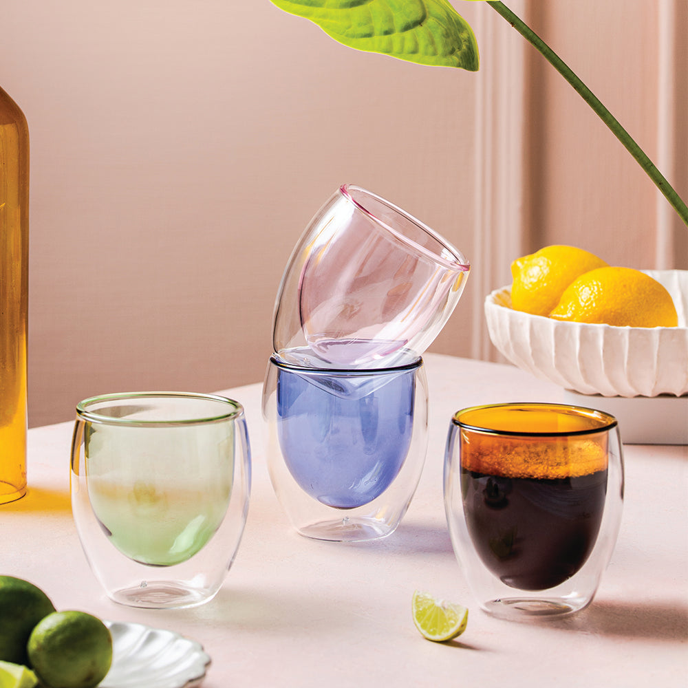 Premium Oceania Double Walled Wave Glass Set of 4 - Insulated Tumblers for Hot & Cold Drinks - Perfect for Coffee, Tea, Cocktails and Home Decor