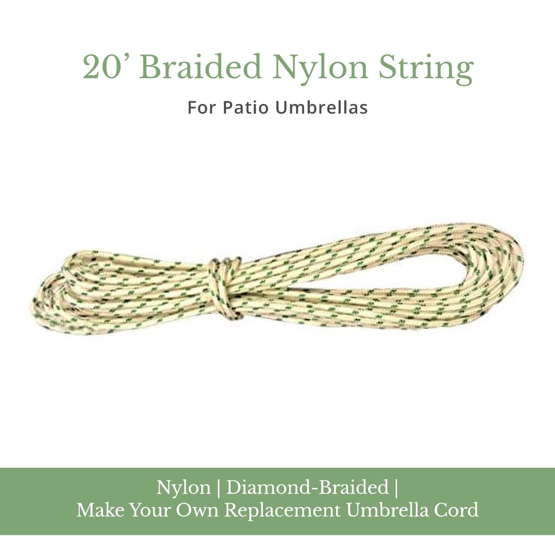 20' Braided Nylon Rope for Patio Umbrella Replacement - Heavy Duty Outdoor String for Canopy, Shade Sail & Garden Use - Weather Resistant Cord for DIY Projects & Home Improvement
