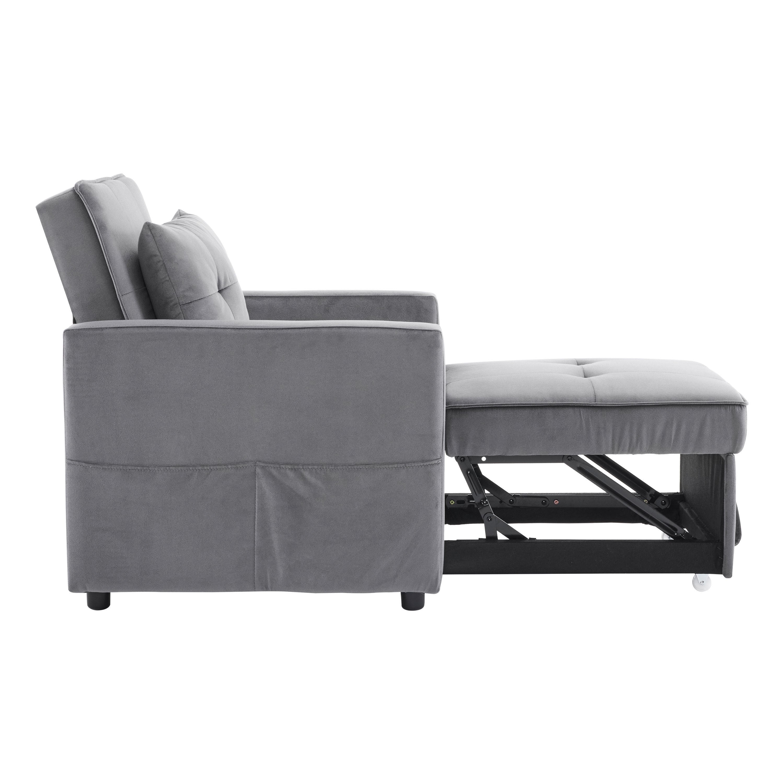 3-in-1 Convertible Sleeper Sofa Bed Chair with Pillow & Pocket - Modern Velvet Fabric Multi-Functional Furniture for Living Room, Bedroom, Study & Small Apartments (Gray) | Perfect for Guest Sleeping, Lounging & Space Saving Solutions