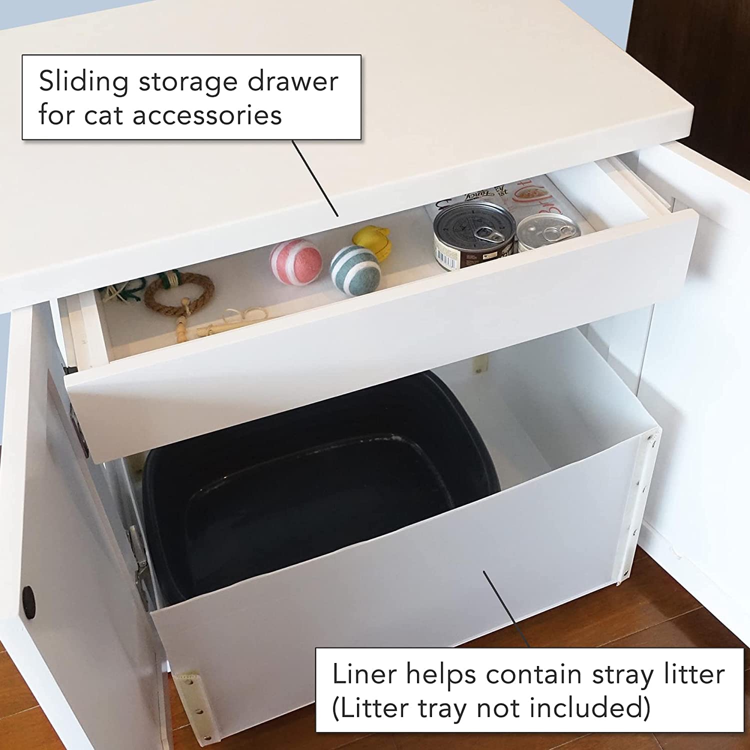 Premium Farmhouse White Cat Litter Box Enclosure Cabinet - XL Size with Adjustable Levelers & Hidden Storage Drawer | Stylish Cat Furniture for Home, Living Room, or Bedroom | Odor Control & Discreet Pet Solution
