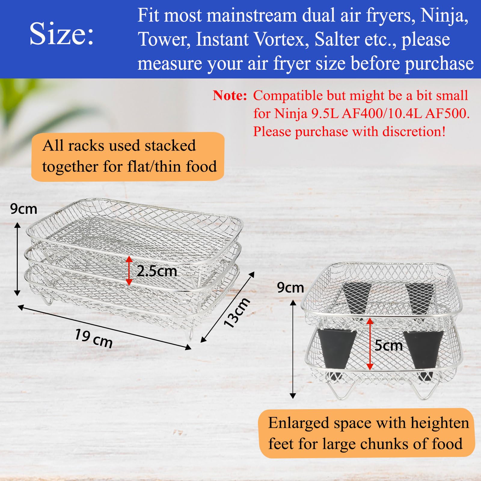 Magla Rectangle Air Fryer Rack Set - Compatible with Ninja Air Fryer Dual AF300UK, AF400UK, DZ201, DZ401 | Includes 8 Extendable Feet & Air Fryer Basket | Premium UK Brand | Perfect for Cooking Chicken Wings, Fries & Healthy Meals