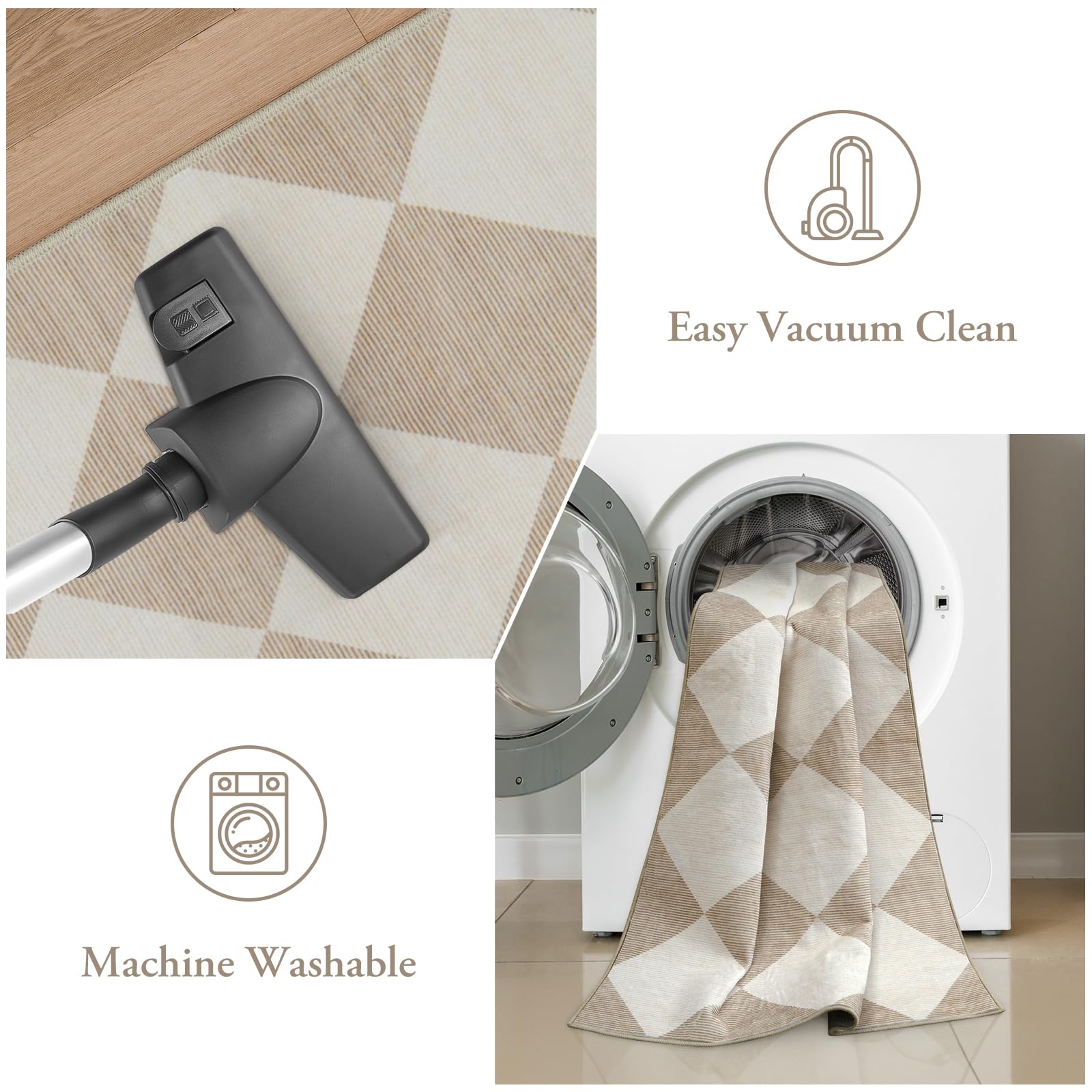 Beeiva 6ft Checkered Carpet Runner - Ultra Thin Washable Non-Slip Hallway Rug, Beige Moroccan Plaid 2x6 Floor Mat for Kitchen, Bedroom, Bathroom & Entryway - Perfect for High-Traffic Areas & Home Decor