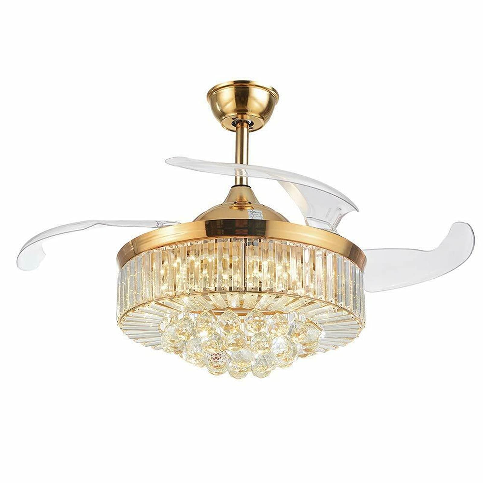 Rose Gold 42 Inch Retractable Blades Ceiling Fan with LED Light - Adjustable Brightness Crystal Chandelier Fan for Bedroom, Kitchen & Indoor Use - Perfect for Home Cooling and Elegant Lighting