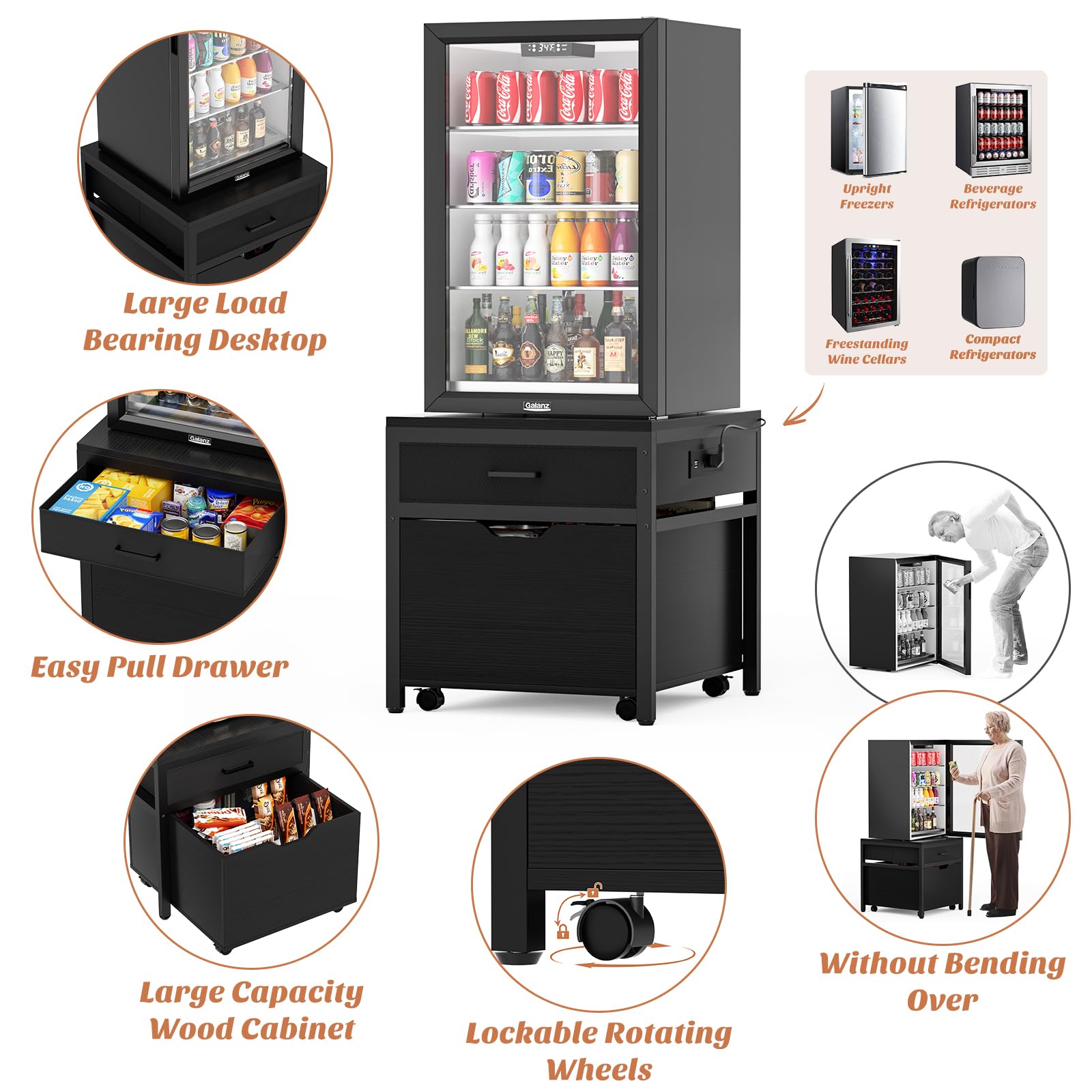 Unikito Heavy Duty Mini Fridge Stand with Storage Drawer & Power Outlet - Lockable Wheels Mobile Beverage Refrigerator Table (22.8