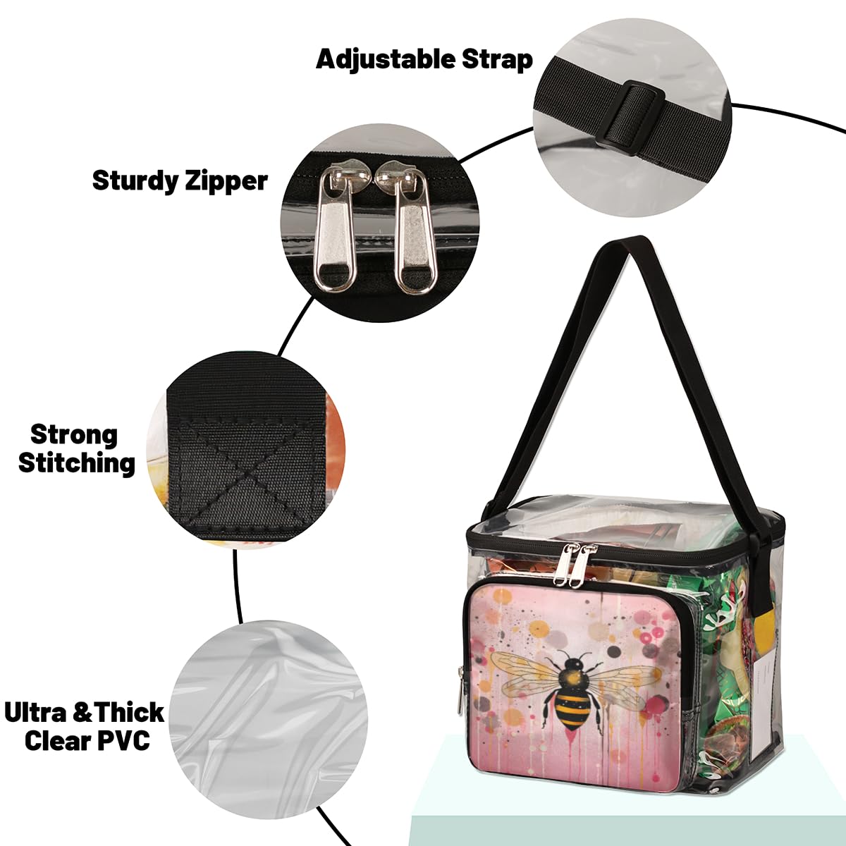 GzLeyigou Honeybee Clear Tote Bag with Handles - Transparent Floral Crossbody Shoulder Bag for Lunch, Outdoor, Travel, Picnic, Concerts & Sports Events - Stadium Approved Clear Purse for Women & Girls (Perfect for Beach, Theme Parks & Music Festivals)