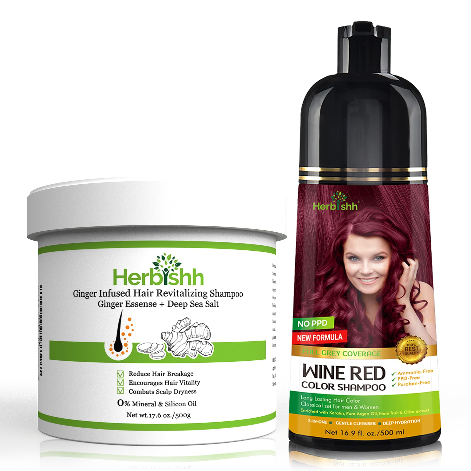 Wine Red Hair Color Shampoo for Gray Hair 500ml + Ginger Hair Growth Shampoo with Deep Sea Salt - Vegan Treatment for Weak & Brittle Hair | At-Home Hair Care Solution for Women & Men