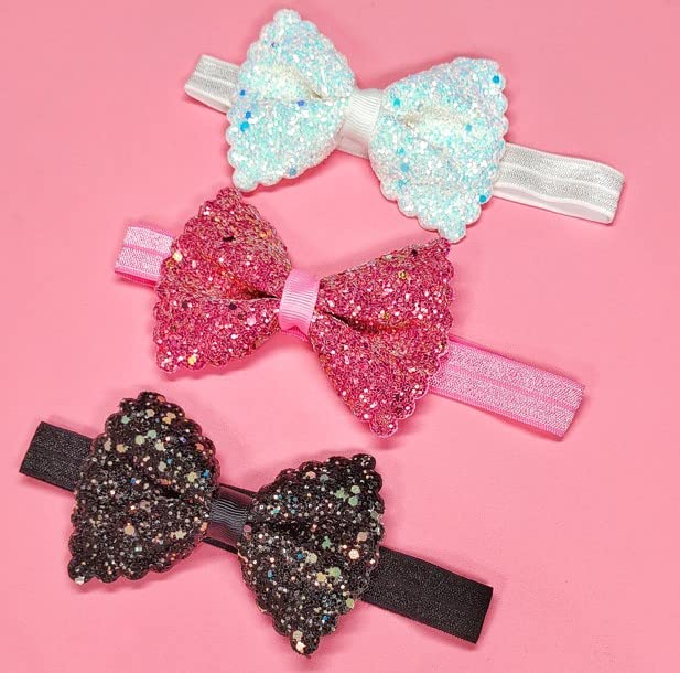 RedChimes Glitter Bow Hair Bands for Baby Girls & Kids – Stylish Hair Accessories (3-Pack, Style-8) – Perfect for Parties, Holidays & Everyday Wear