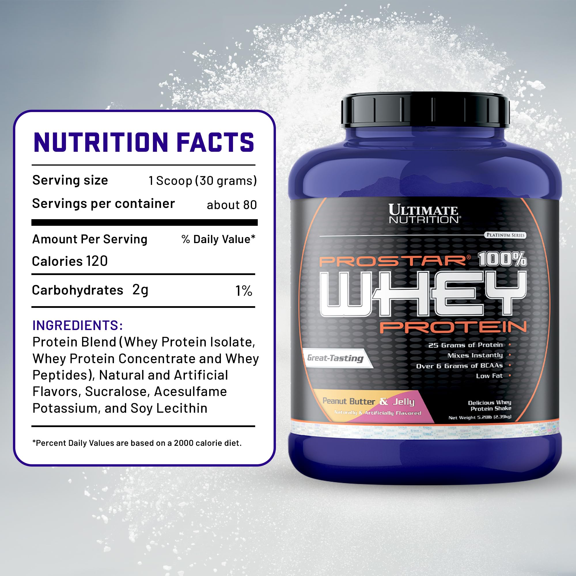 Ultimate Nutrition Prostar Whey Protein Powder Isolate, Peanut Butter & Jelly Flavor - Low Carb, High Protein Powder for Muscle Gain & Recovery - Low Sodium, Low-Fat & Keto Friendly - 5.28 lbs Tub - Perfect for Post-Workout Shakes, Meal Replacement & Healthy Snacks