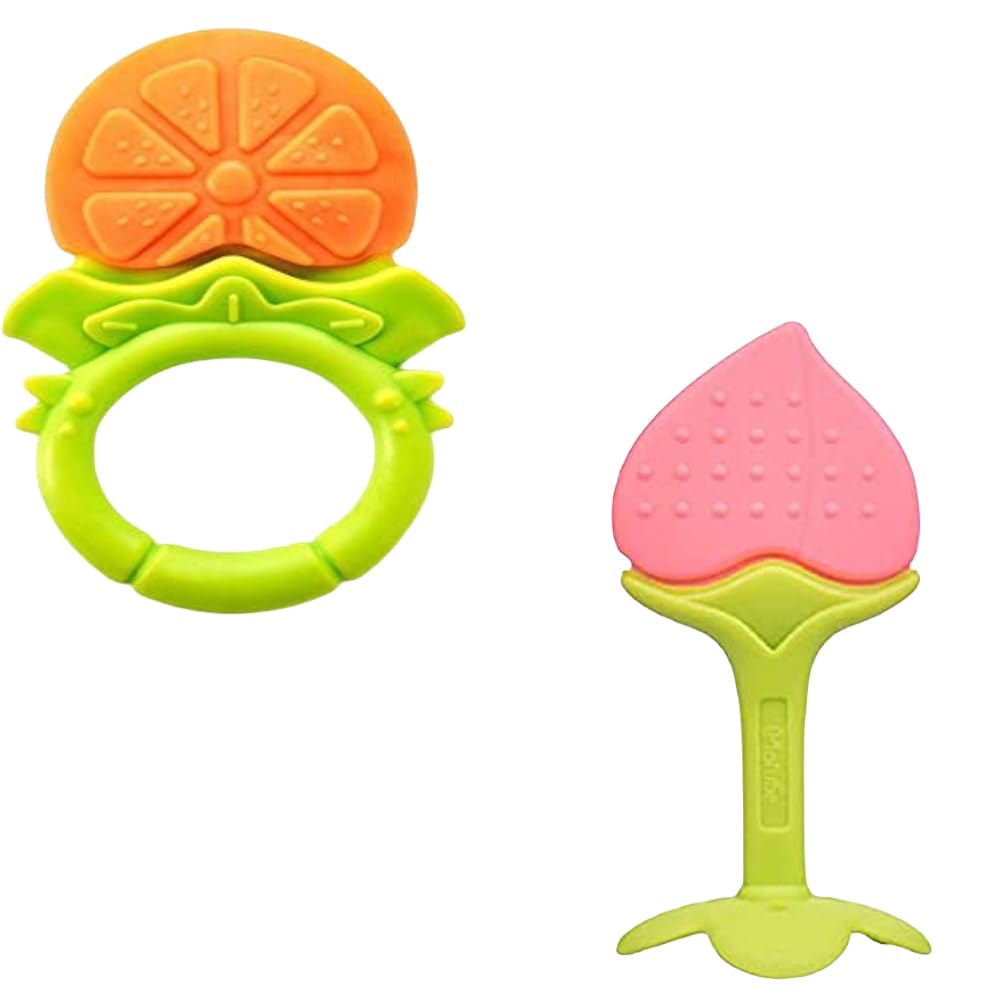 Kritiu BPA-Free Silicone Baby Teething Toys - Soft Fruit Teether & Gum Massager Set for Infants 0-12 Months (Yellow & Peach) | Perfect for Soothing Sore Gums & Early Teeth Development | Ideal Gift for New Parents & Baby Showers